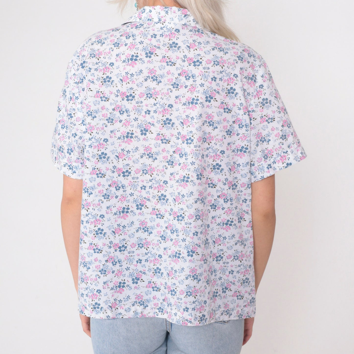 90s Blair White Floral Button Up Blouse Short Sleeve Collar Pink Blue Print Large