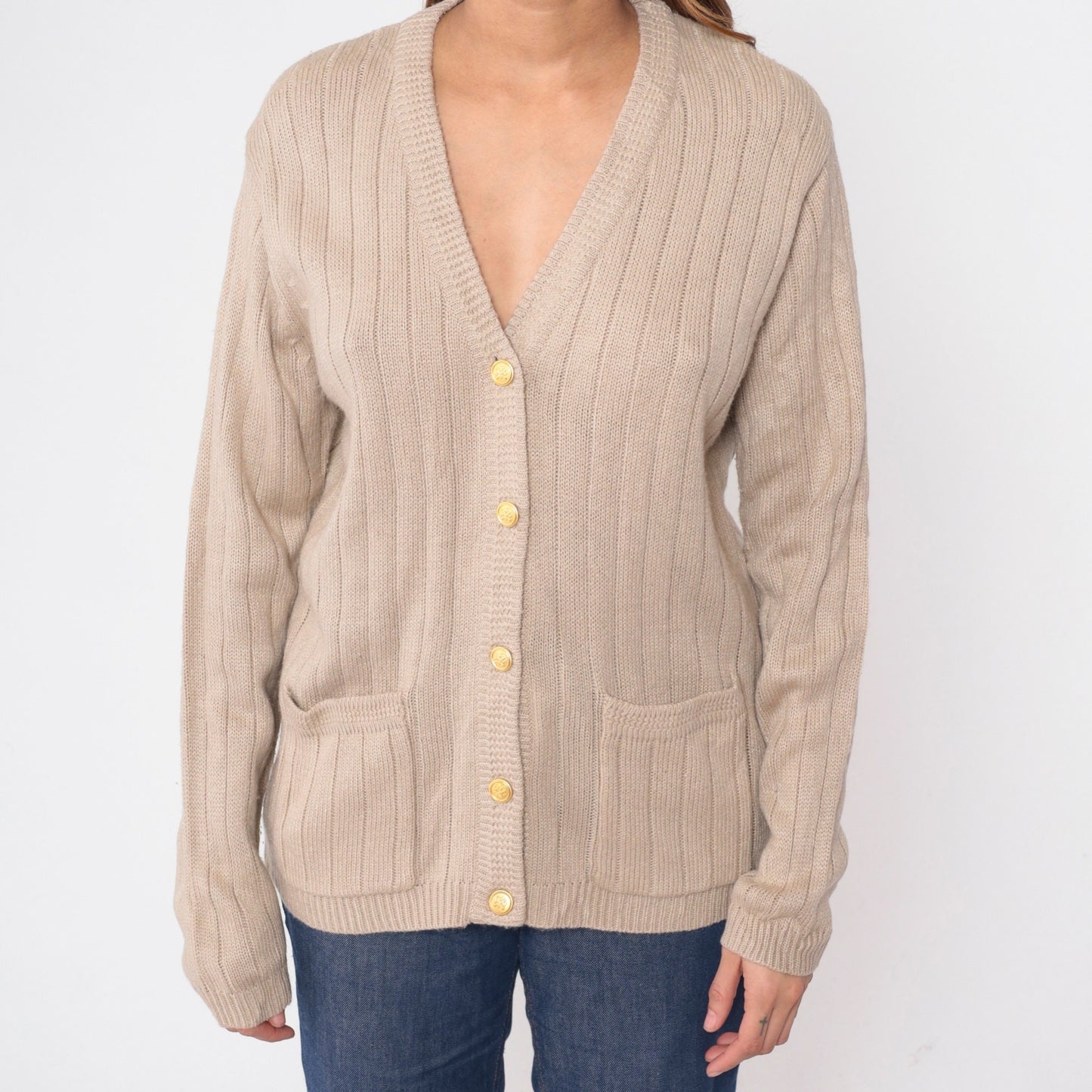 90s Taupe Ribbed Knit Cardigan Button-Up V-Neck Small S