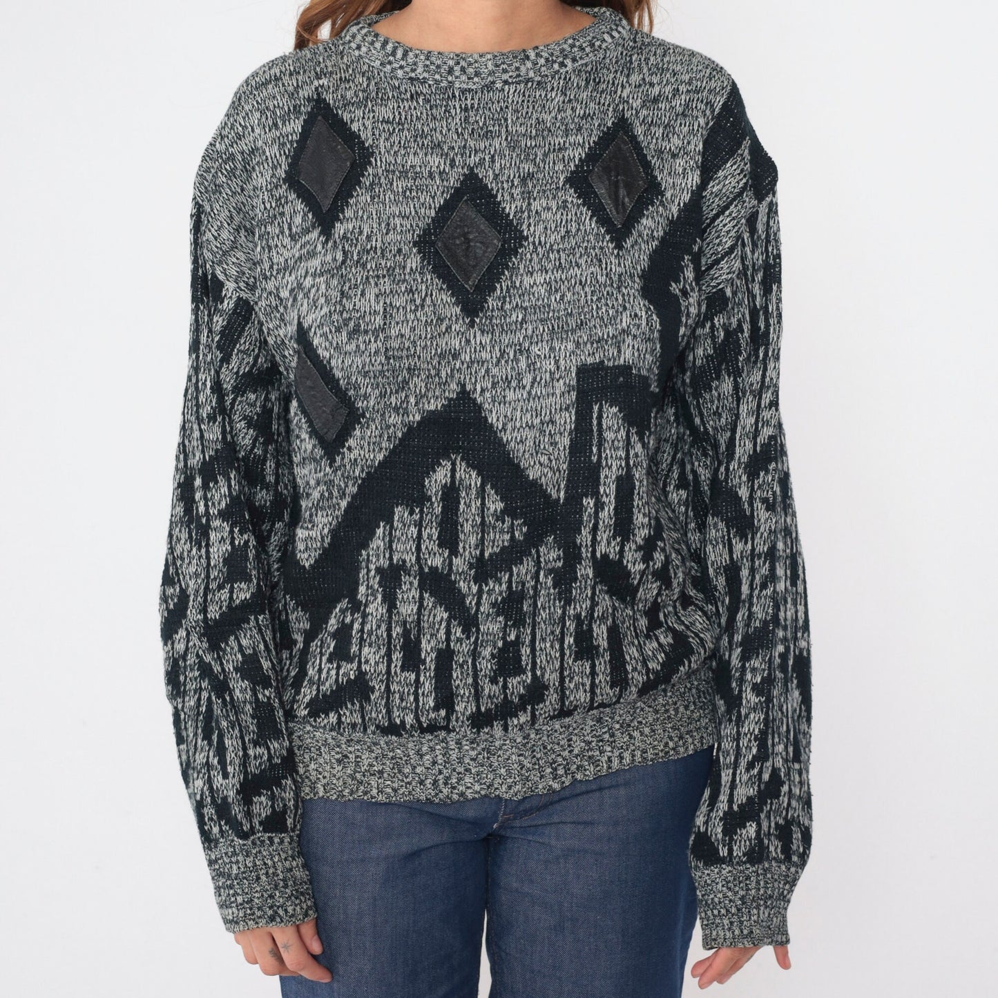 90s Raf Grey Black Flecked Knit Sweater Diamond Leather Patch Crewneck Large L