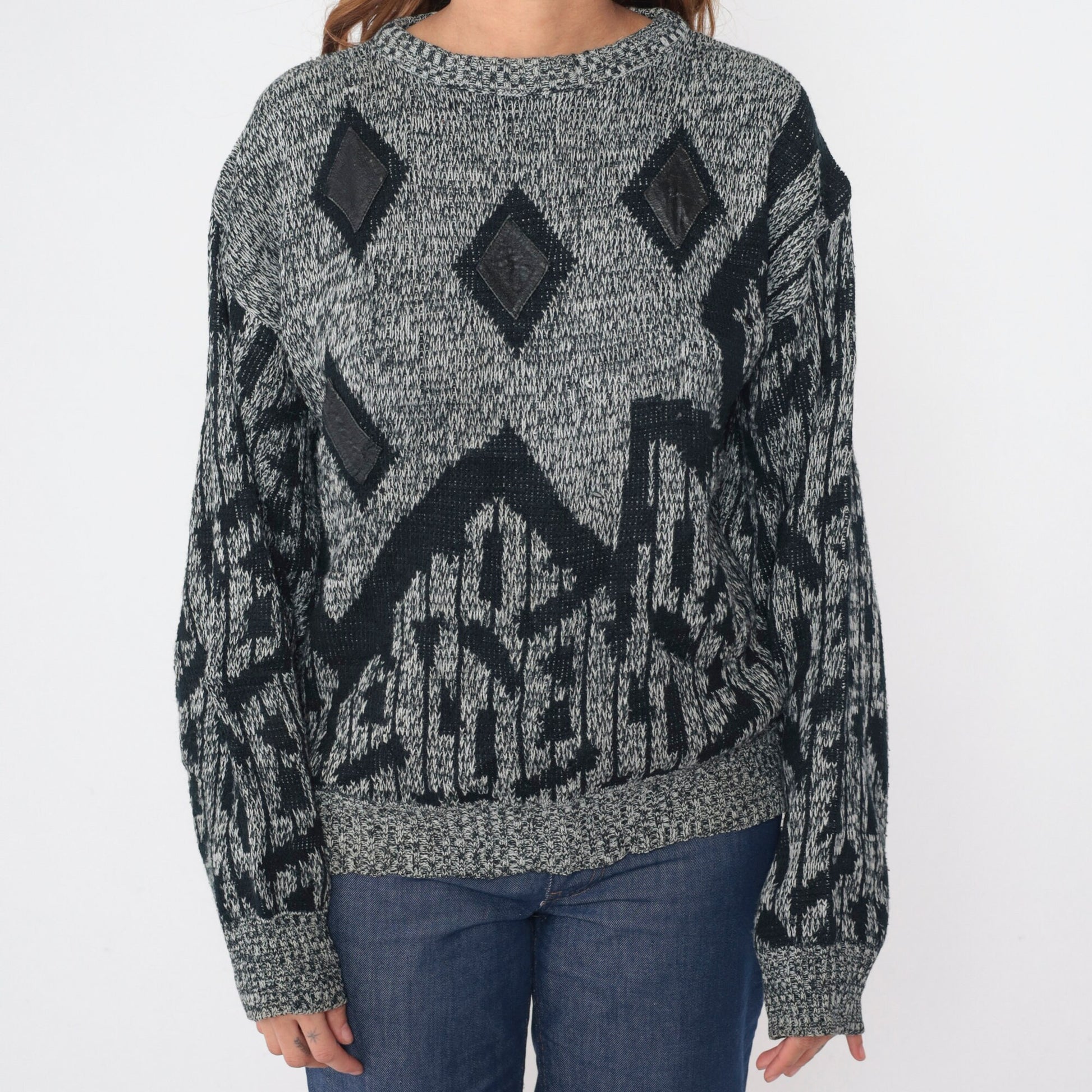 90s Raf Grey Black Flecked Knit Sweater Diamond Leather Patch Crewneck Large L