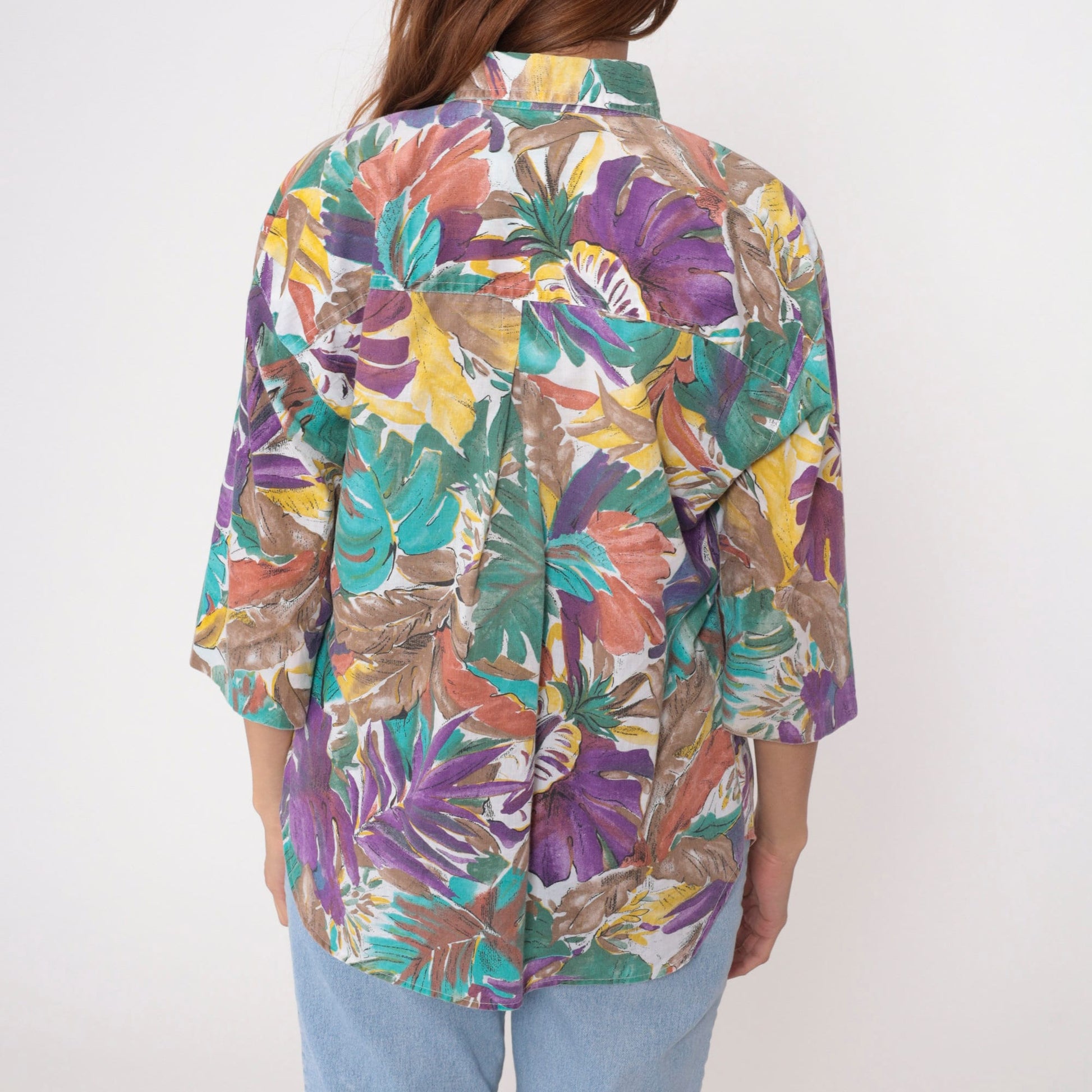 90s Tropical Leaf Print Button-Up Blouse Turquoise Purple 3/4 Sleeve Large