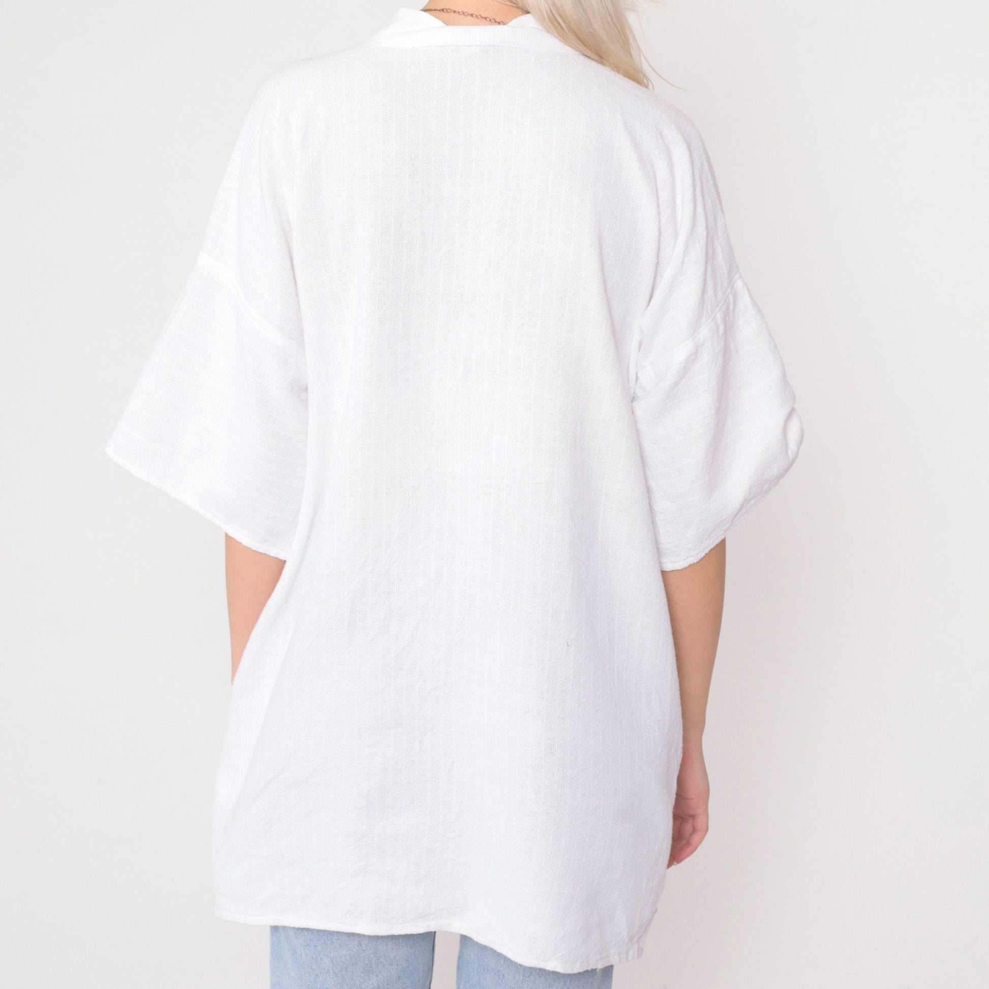 90s White Tunic Top Lace-Up Neckline Black Embroidery Short Sleeve Extra Large