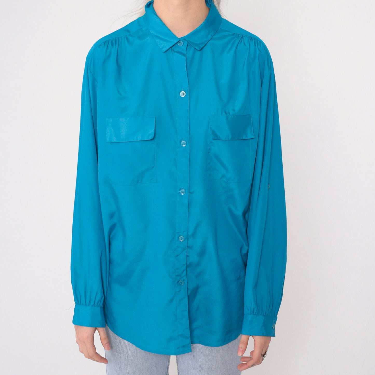 90s Turquoise Button-Up Blouse Gathered Shoulders Roll Tab Sleeves Large