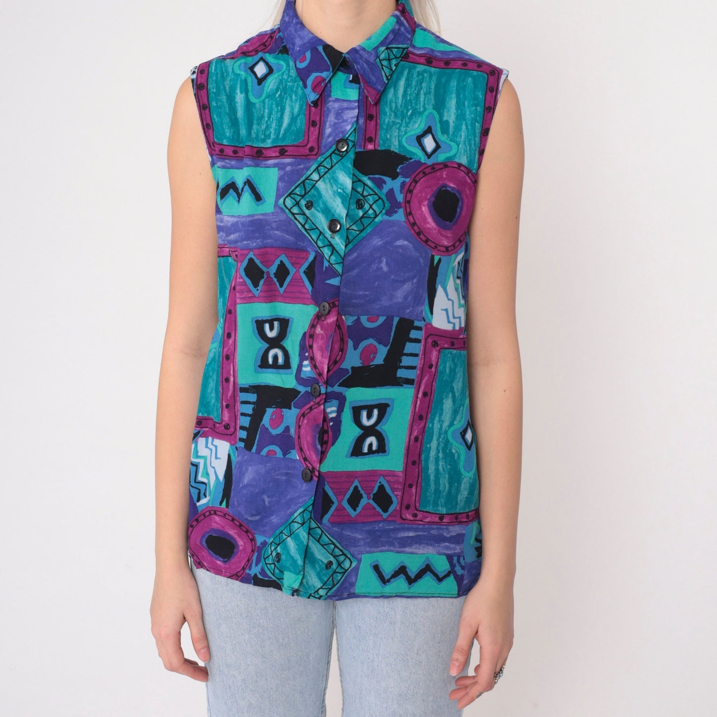 90s Geometric Patchwork Button-Up Tank Top Rayon Purple Blue Small