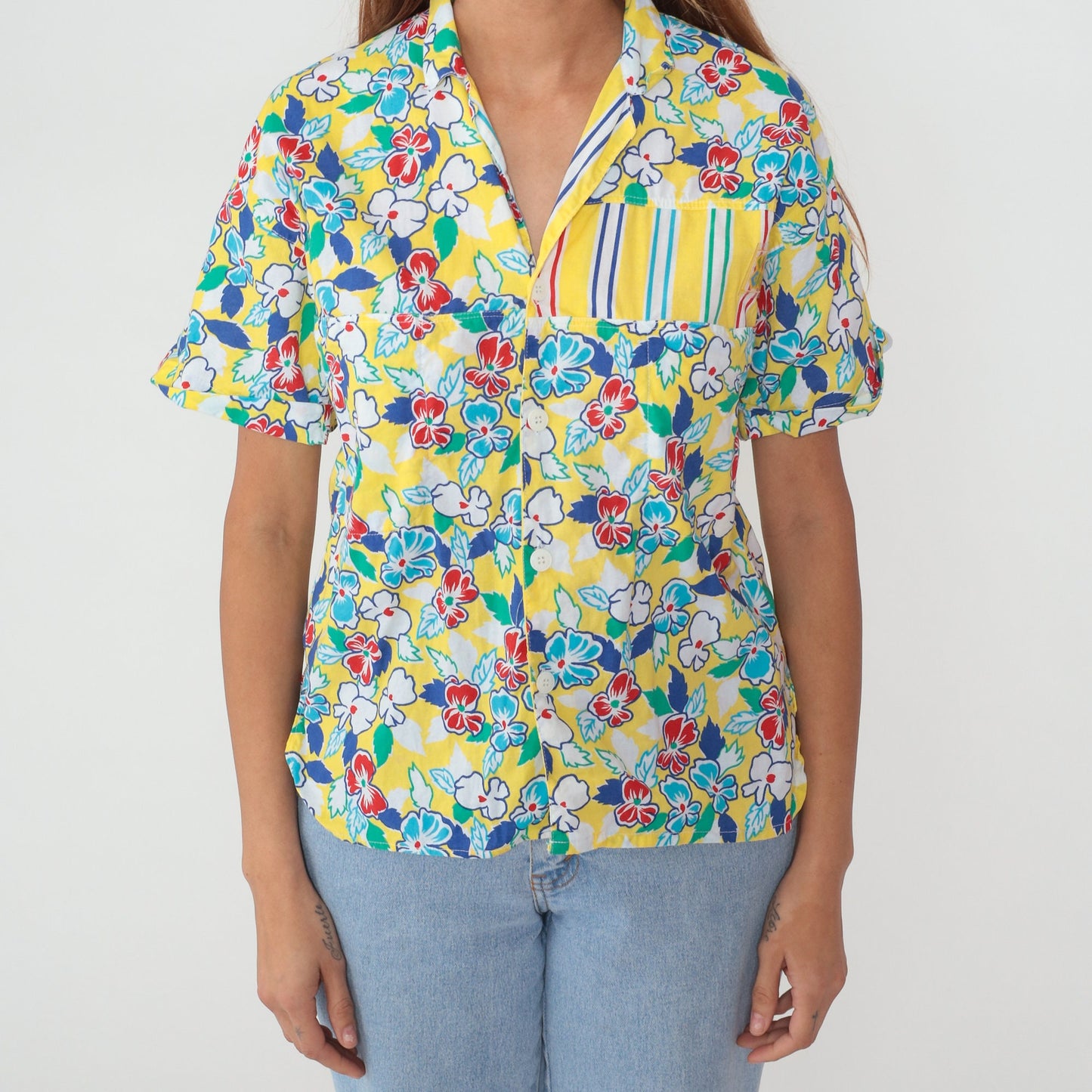 90s Grant Yellow Floral Striped Cotton Button-Up Shirt Large