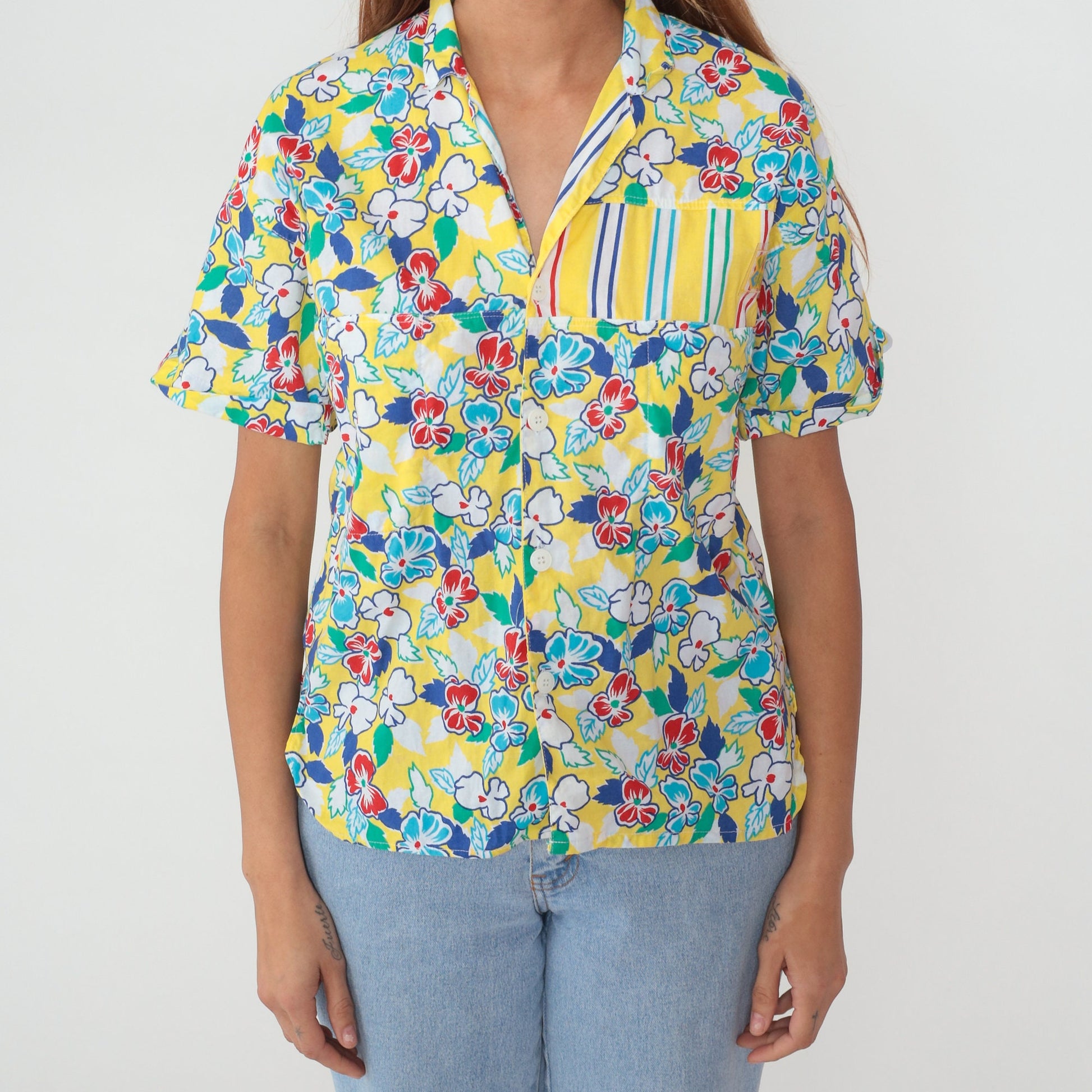 90s Grant Yellow Floral Striped Cotton Button-Up Shirt Large