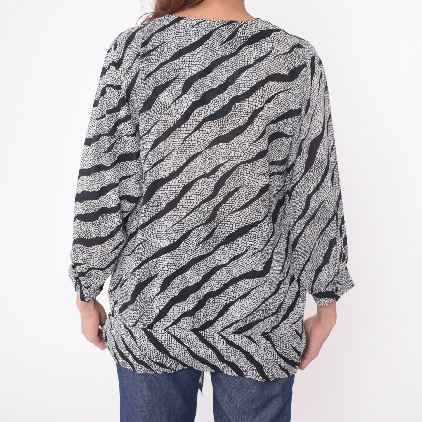 90s Animal Print Blouse Snakeskin Tiger Stripe Tie Waist V Neck Long Sleeve Black White Large L