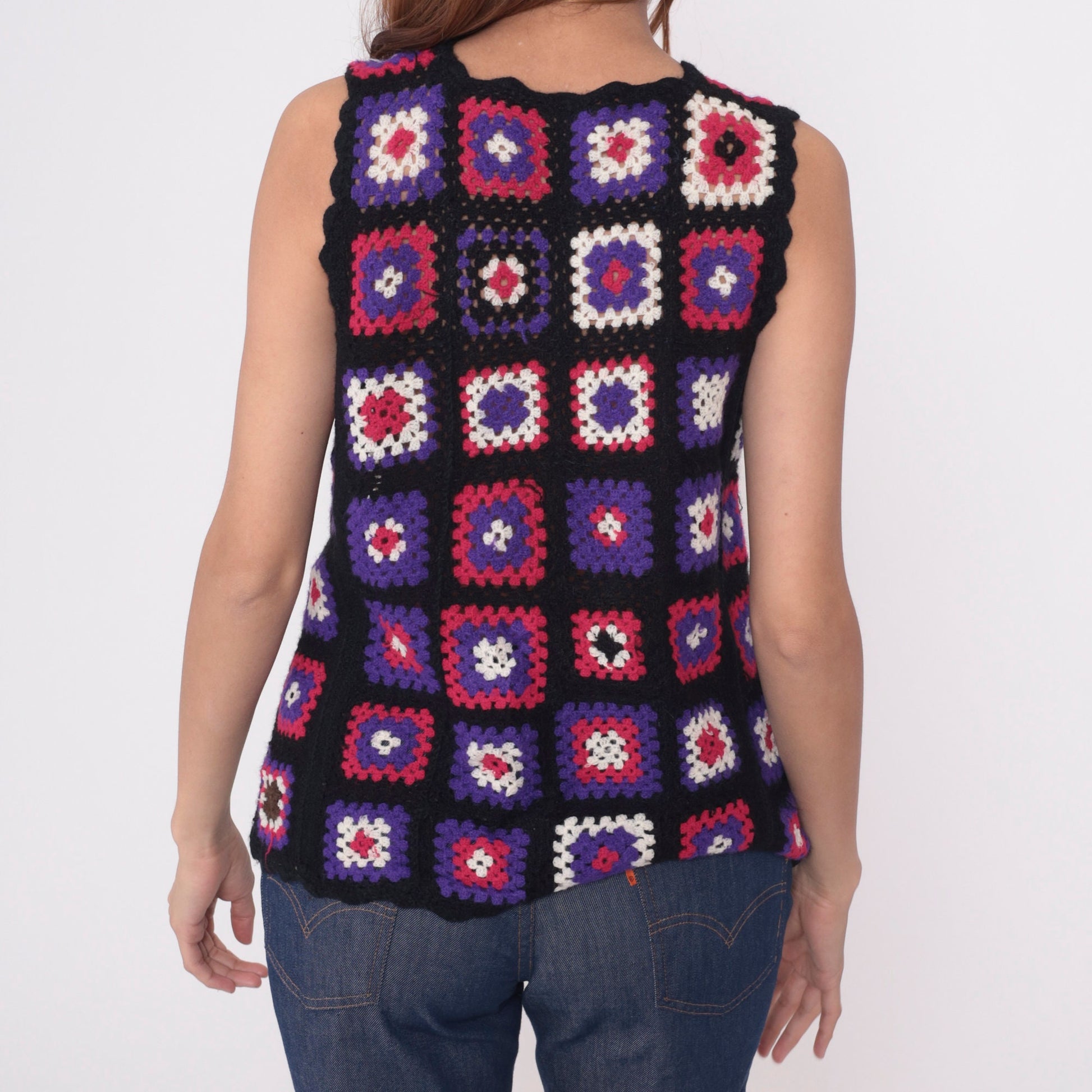 70s Crochet Granny Square Tank Top Patchwork Vest Black Pink Purple Small