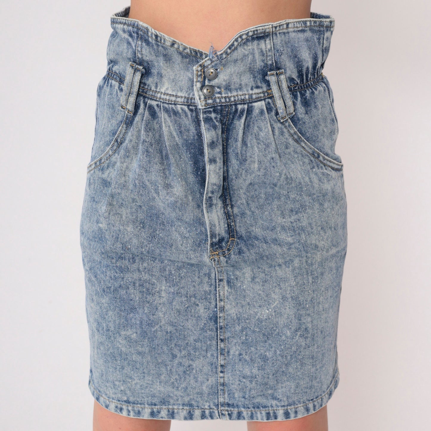 90s Acid Wash Denim Mini Skirt High Shirred Waist Blue Pencil Extra Small