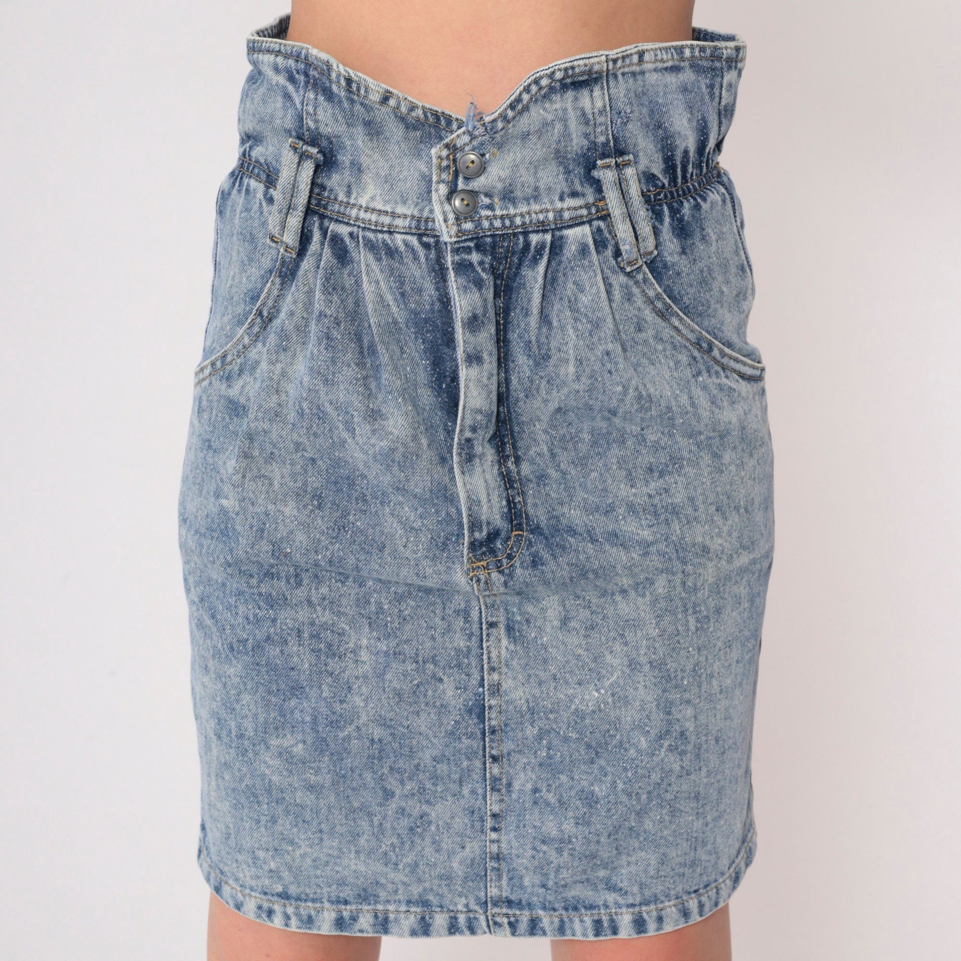 90s Acid Wash Denim Mini Skirt High Shirred Waist Blue Pencil Extra Small