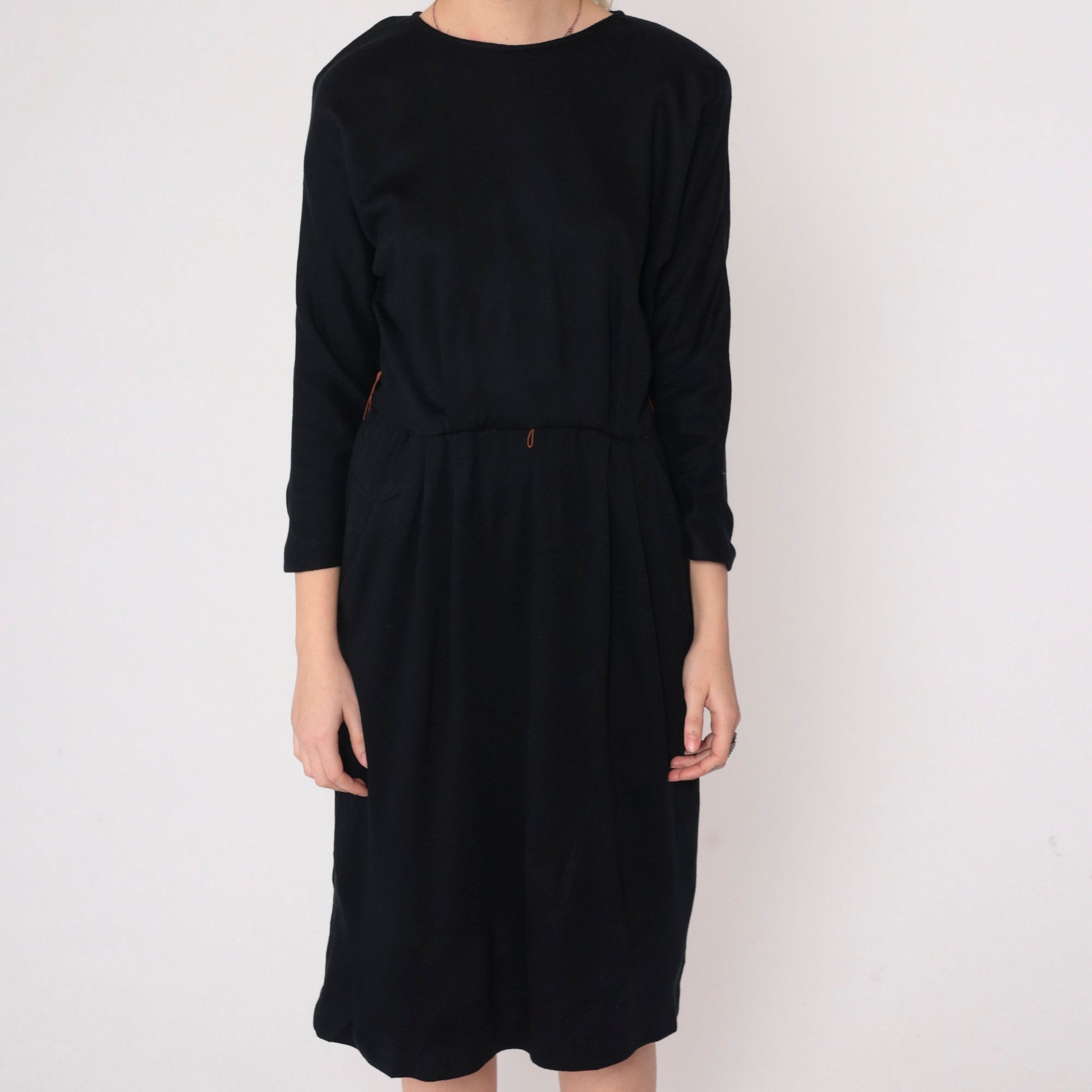 80s Black Midi Dress High Waist Pleated Pockets Long Sleeve Medium Large