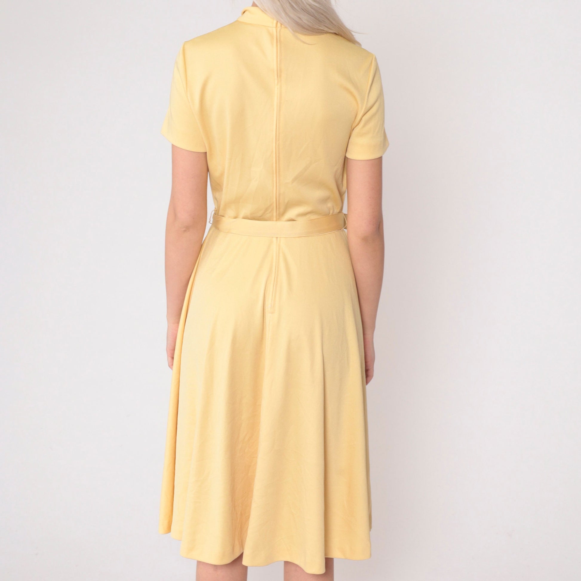 70s Mod Ascot Dress Light Yellow Necktie Belted High Waist Midi Small