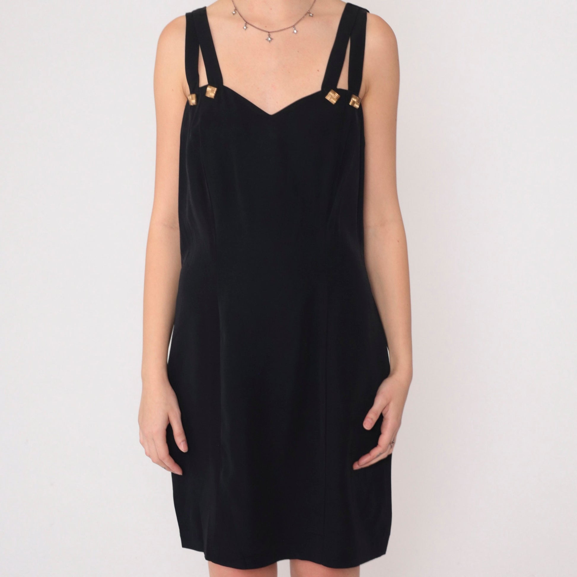 90s Black Mini Dress Sweetheart Neckline Keyhole Strappy Sheath Small