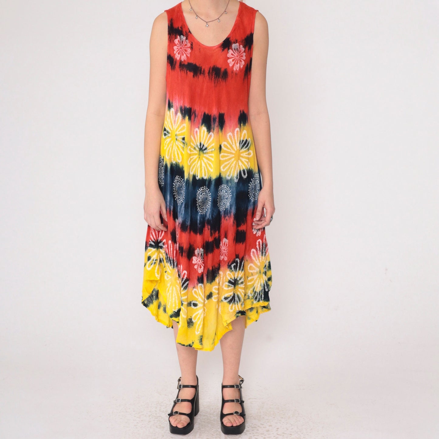 00s Tie Dye Floral Midi Dress Sleeveless Scoop Neck Waterfall Hem Small Medium