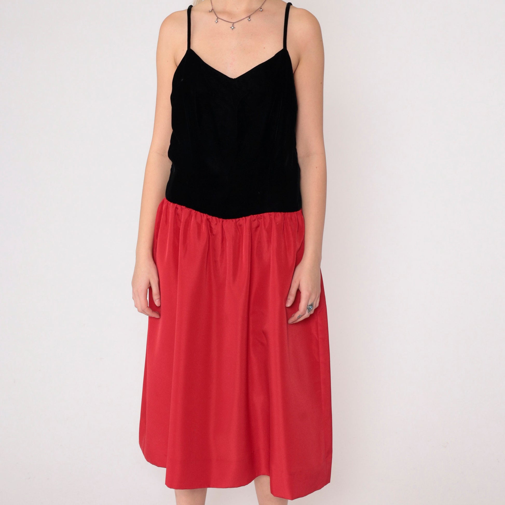 80s Velvet Colorblock Midi Dress Red Black Spaghetti Strap V Neck Medium