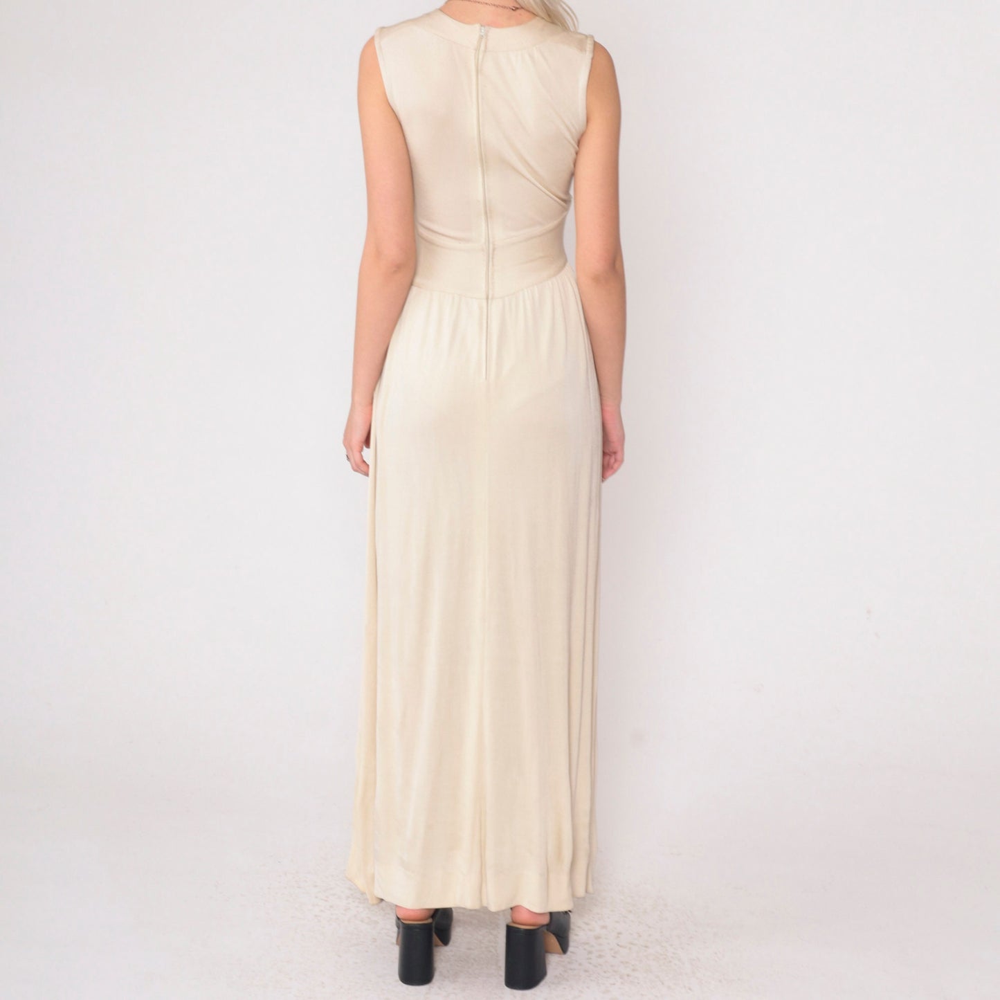 1970s Beige Asymmetrical Chevron Maxi Dress High Neck Sleeveless Small