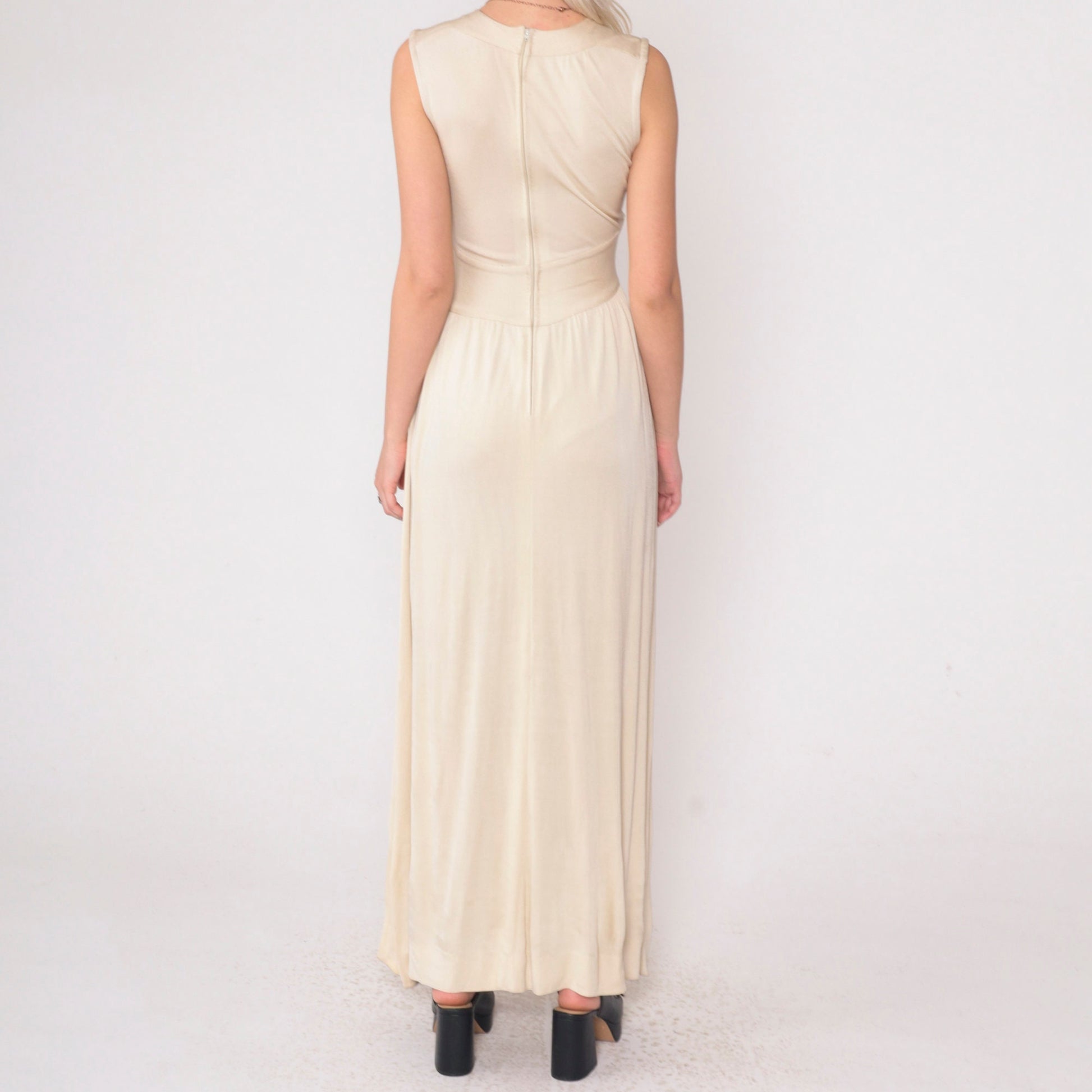 1970s Beige Asymmetrical Chevron Maxi Dress High Neck Sleeveless Small