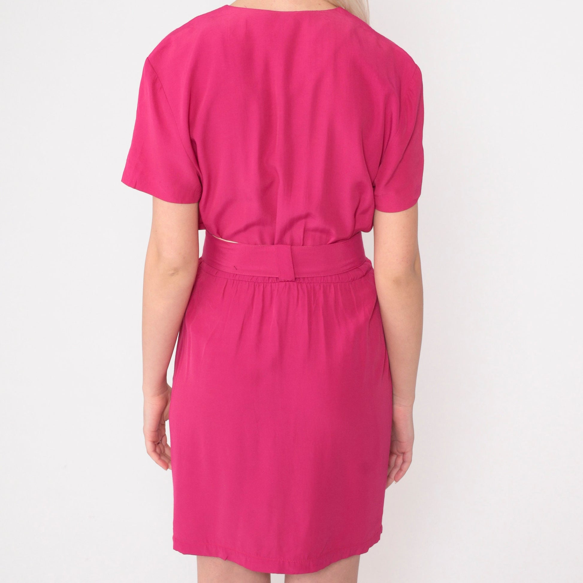 90s Hot Pink Mini Dress Button-Up Sheath Belted Short Sleeve Small