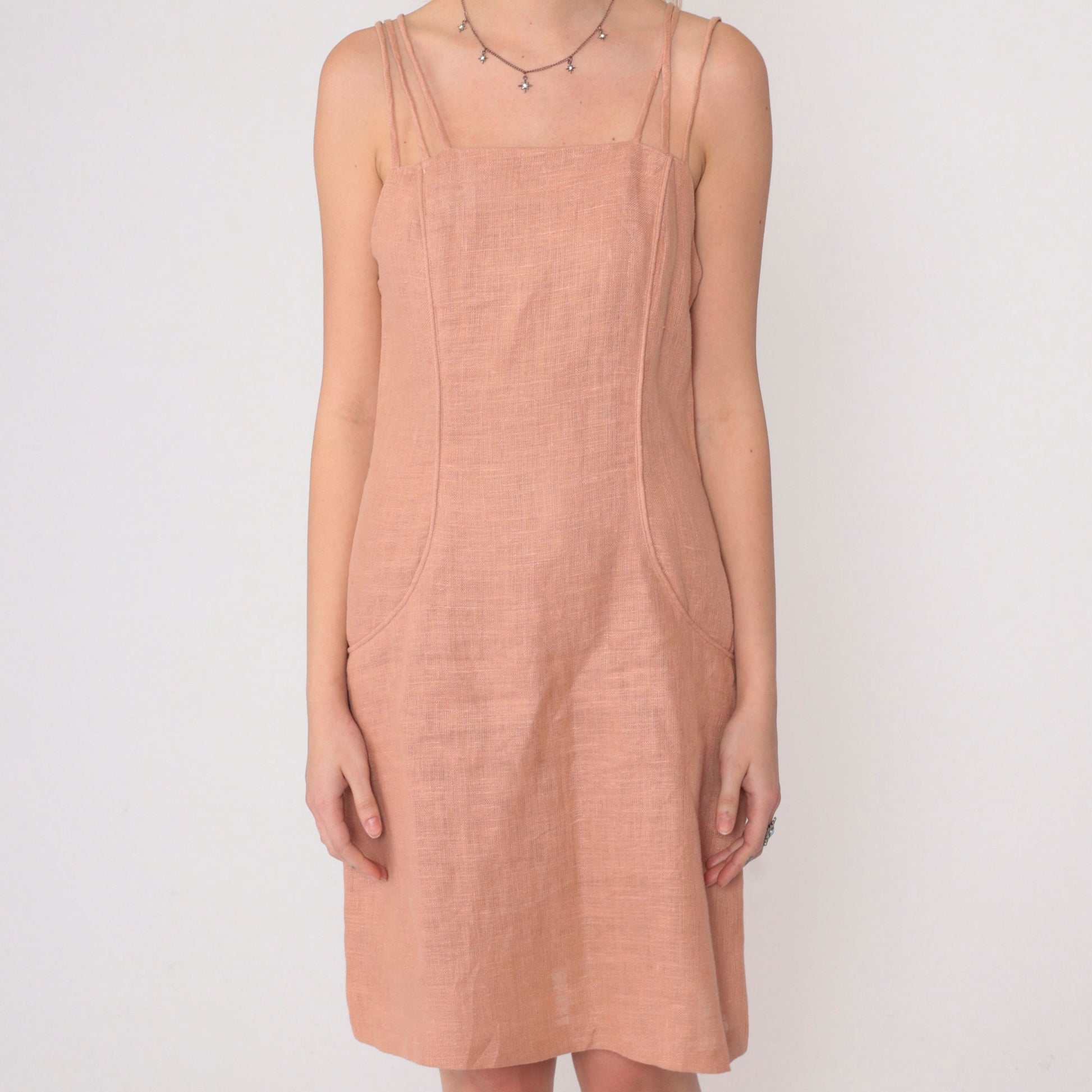 90s Muted Peach Linen Mini Dress Triple Spaghetti Strap Sheath Small