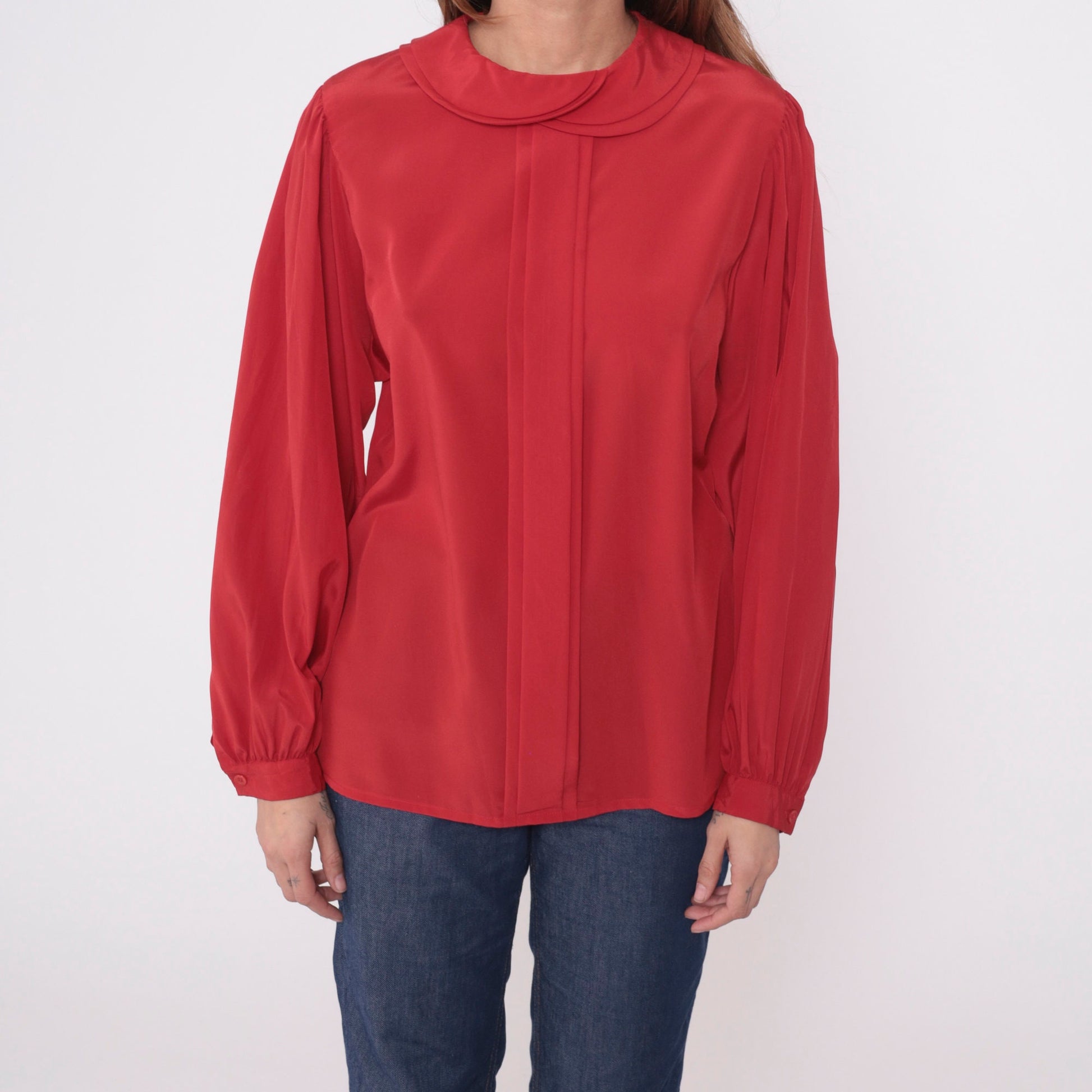 80s Red Puff Sleeve Blouse Peter Pan Collar Pleated Button Up Medium