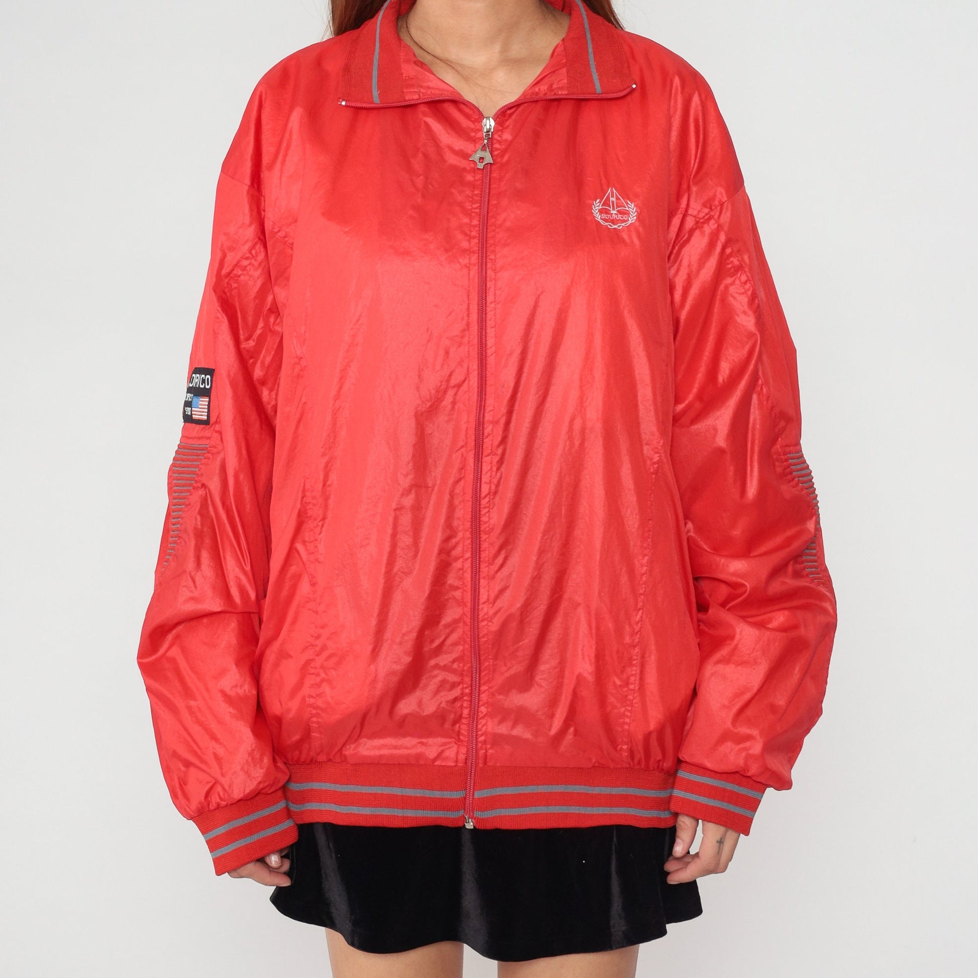 90s Sourico Bomber Jacket Red American Flag Olympics Spirit Zip Windbreaker XXL