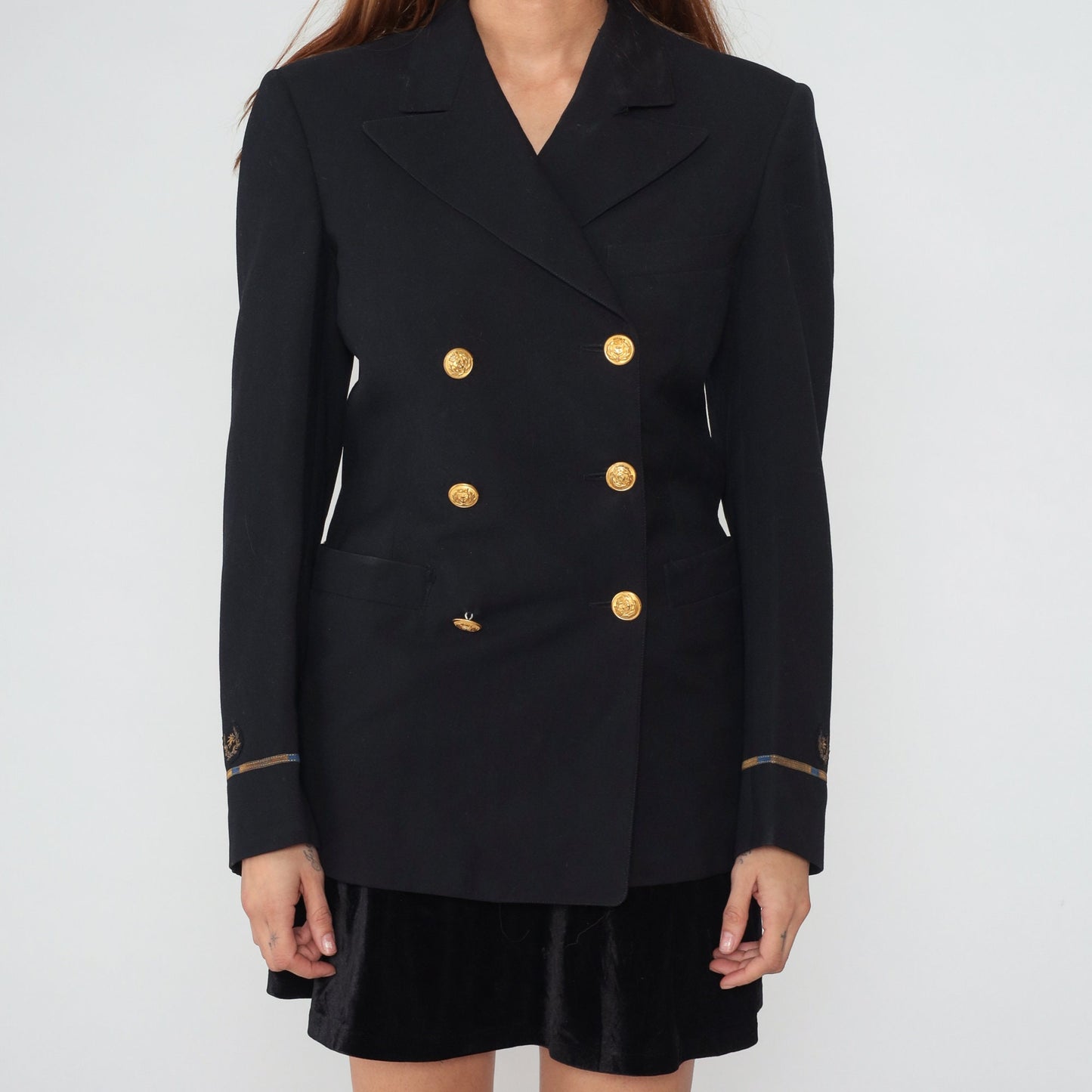 80s Wender and Goldstein Black Wool Double Breasted Blazer Gold Nautical Buttons Small S