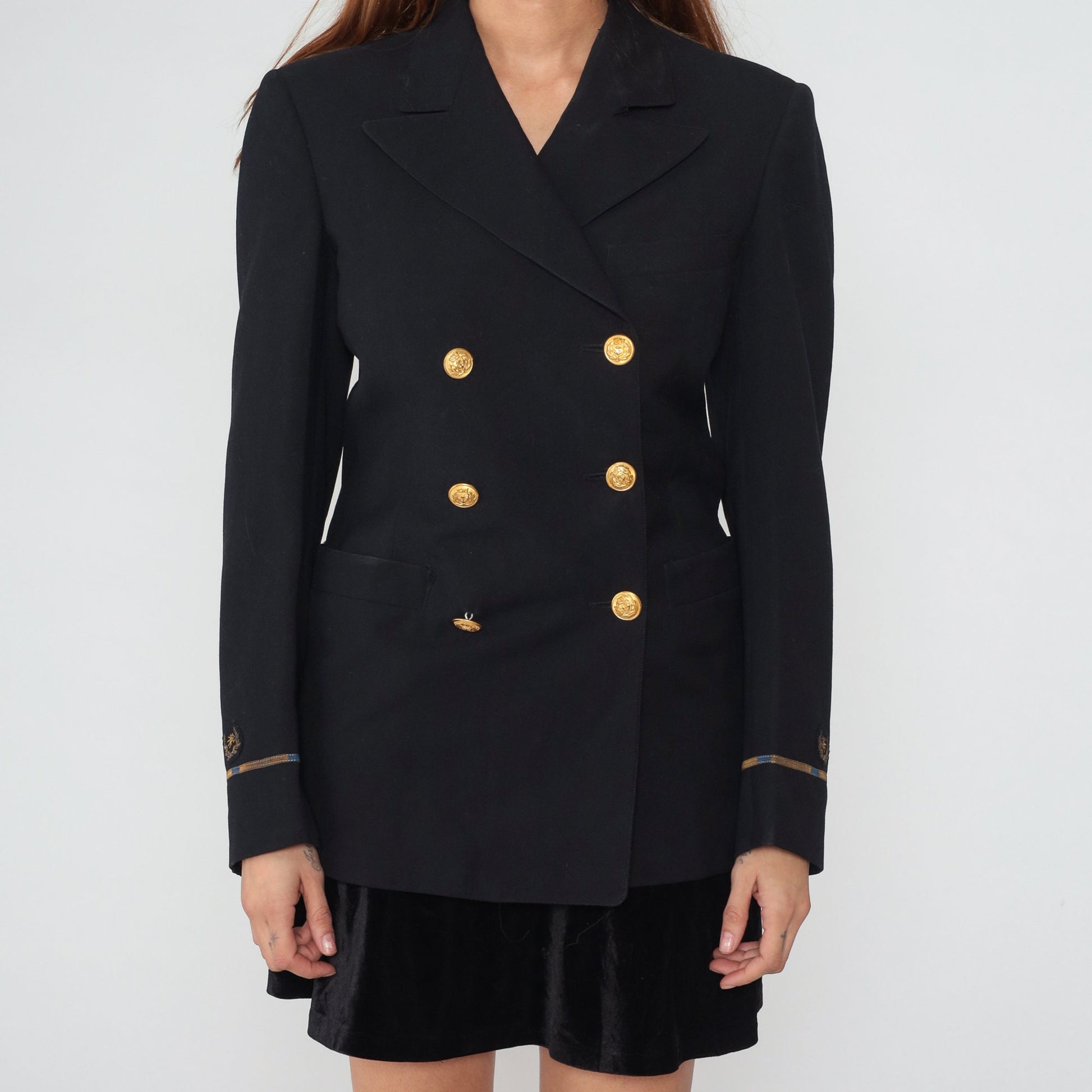 80s Wender and Goldstein Black Wool Double Breasted Blazer Gold Nautical Buttons Small S
