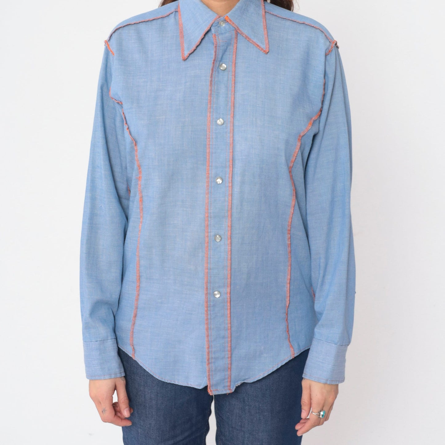 70s Andy New York Chambray Shirt Pearl Snap Western Dagger Collar Medium