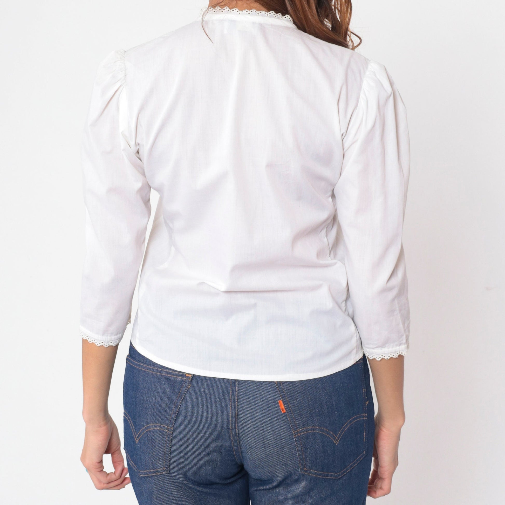 70s Lanz Originals White Prairie Blouse Puff Sleeve Pintuck Button Up Small
