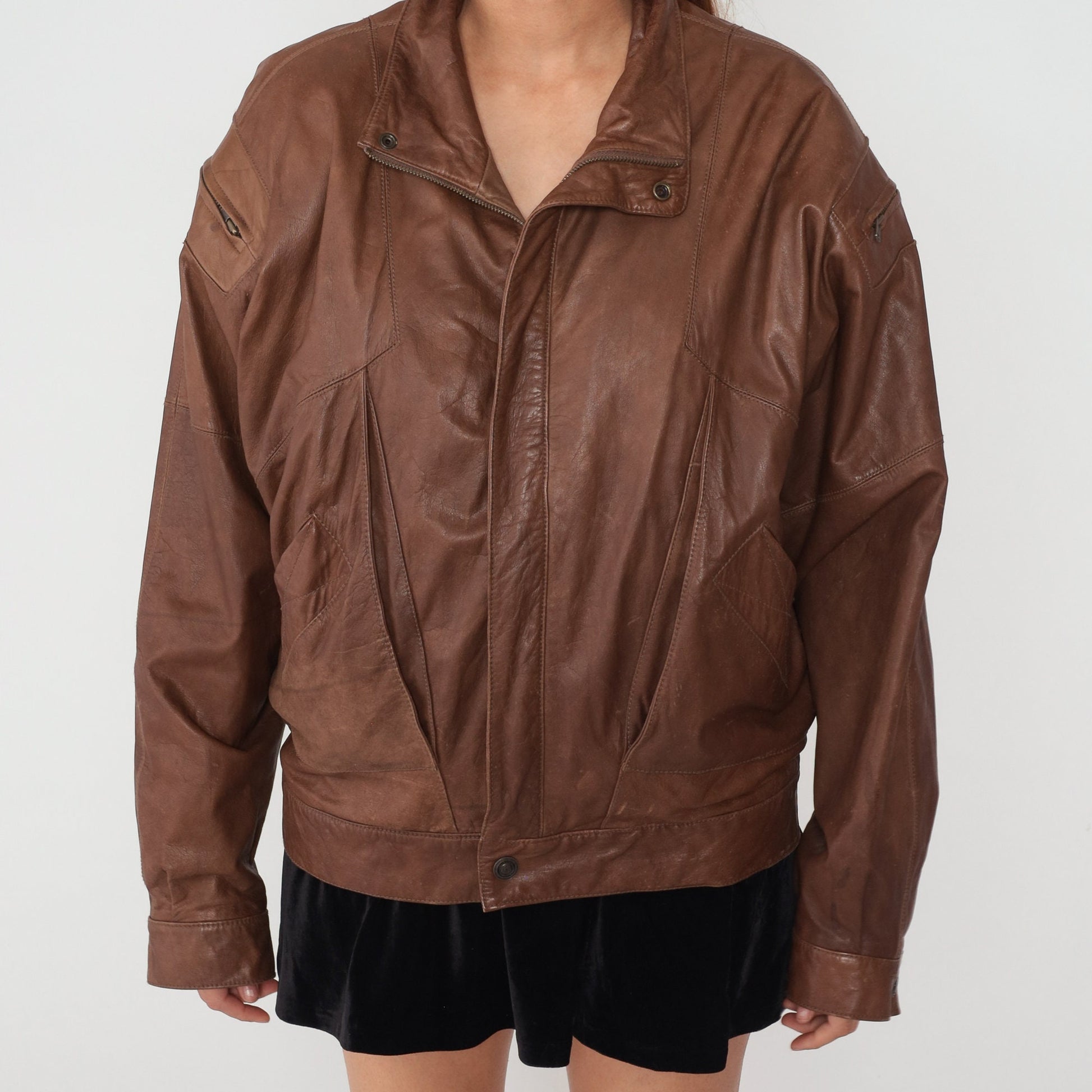 90s Brown Leather Bomber Jacket Zip Biker Moto Cafe Racer Large L
