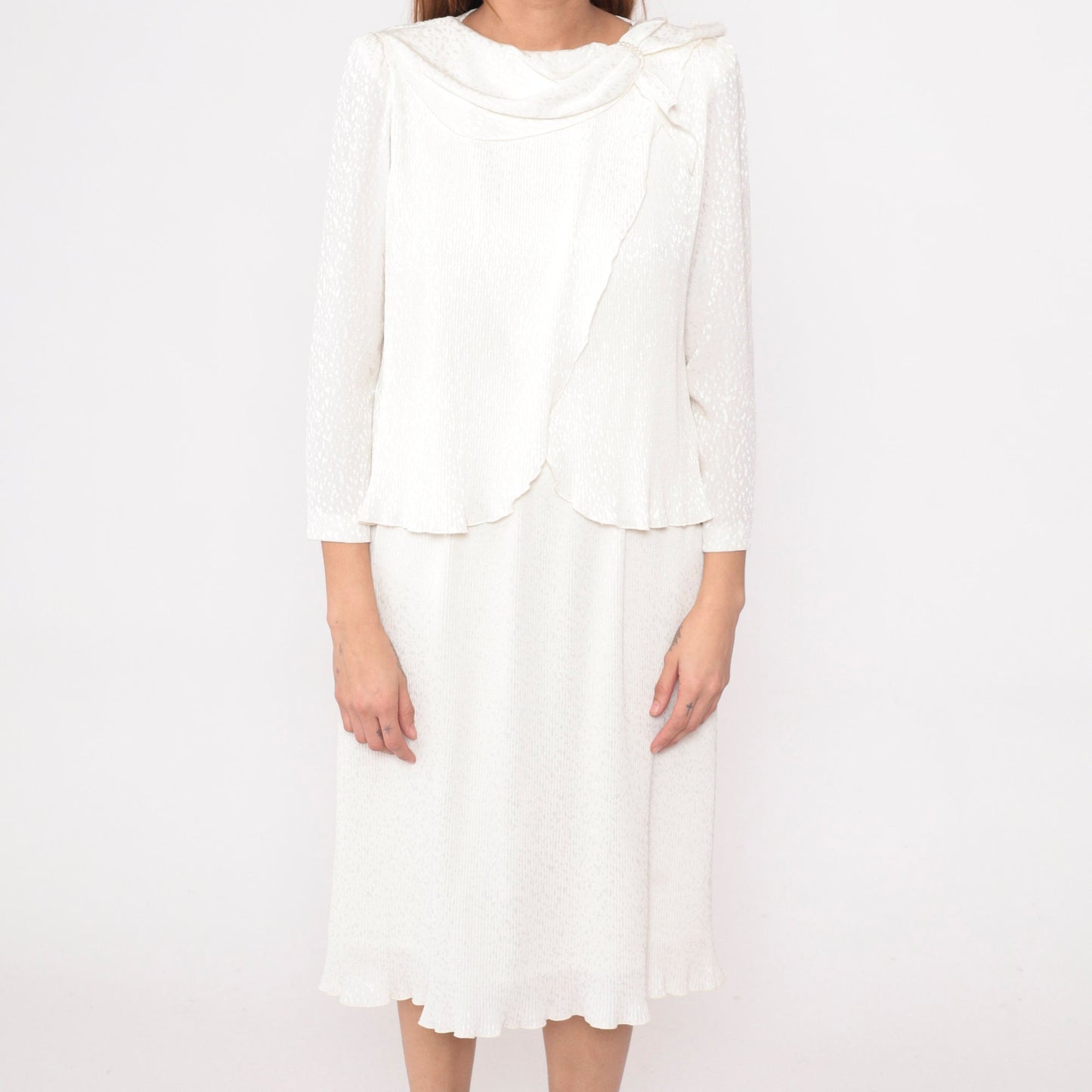 80s White Snakeskin Embossed Midi Dress Puff Sleeve Pearl Beaded Small