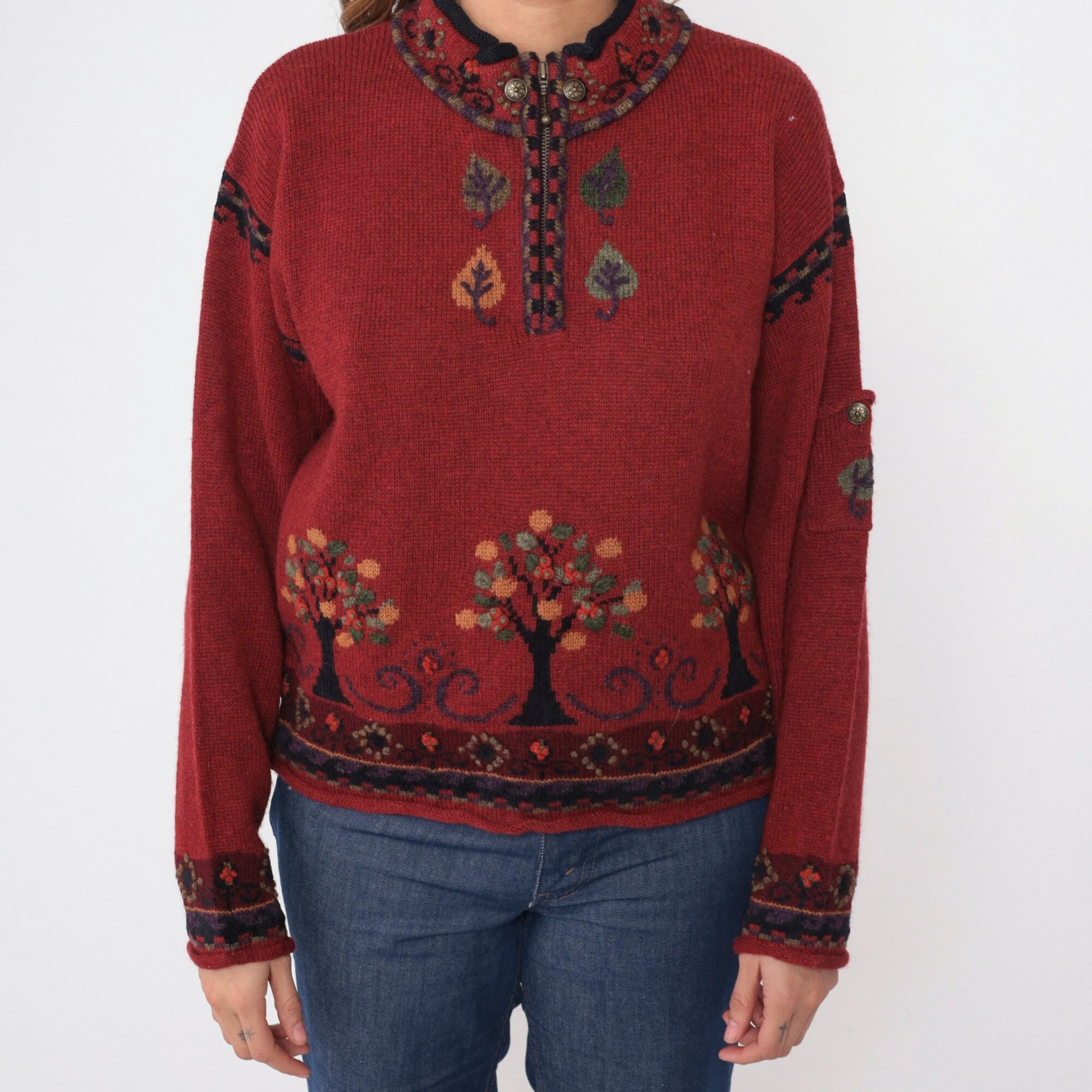 Y2K Icelandic Wool Sweater Quarter Zip Tree Print Red Medium