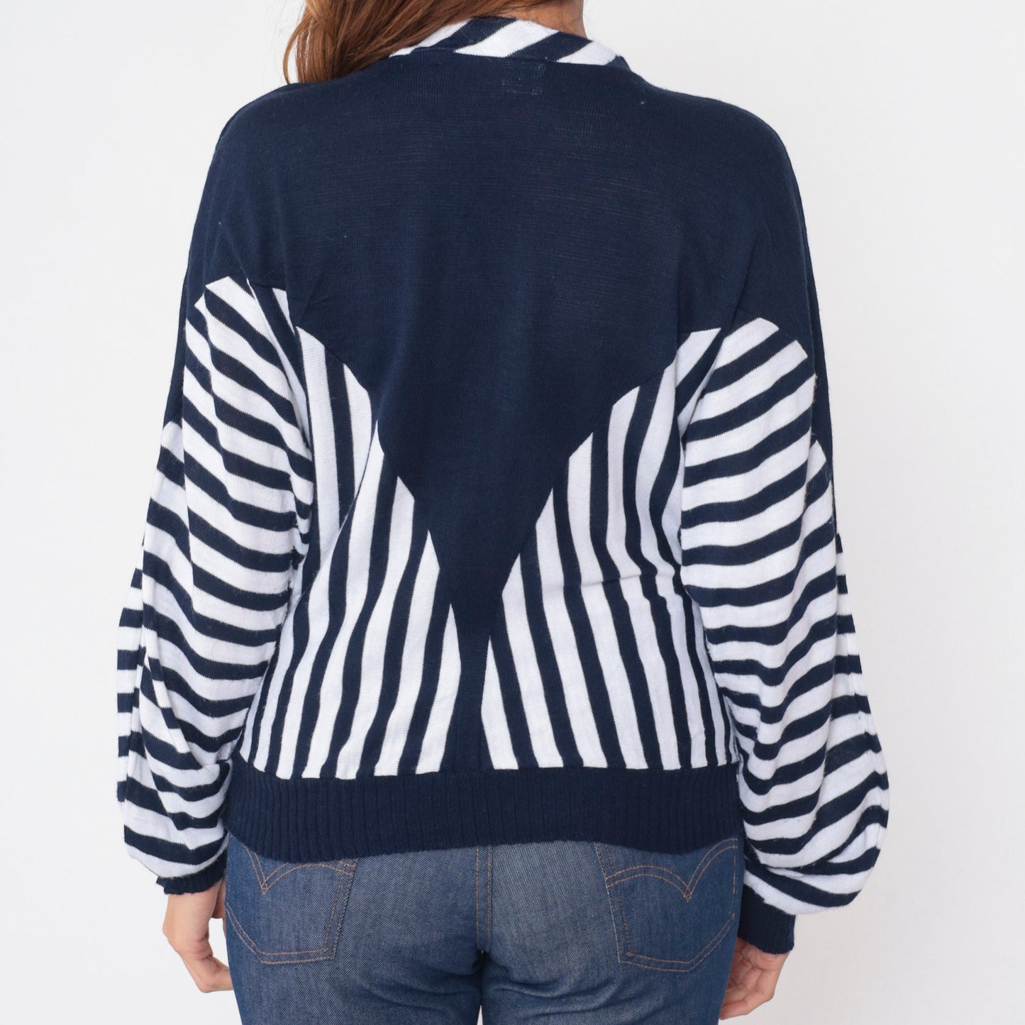 80s Clo Clo Striped Colorblock Knit Sweater Blue White Dolman Sleeve Small Medium