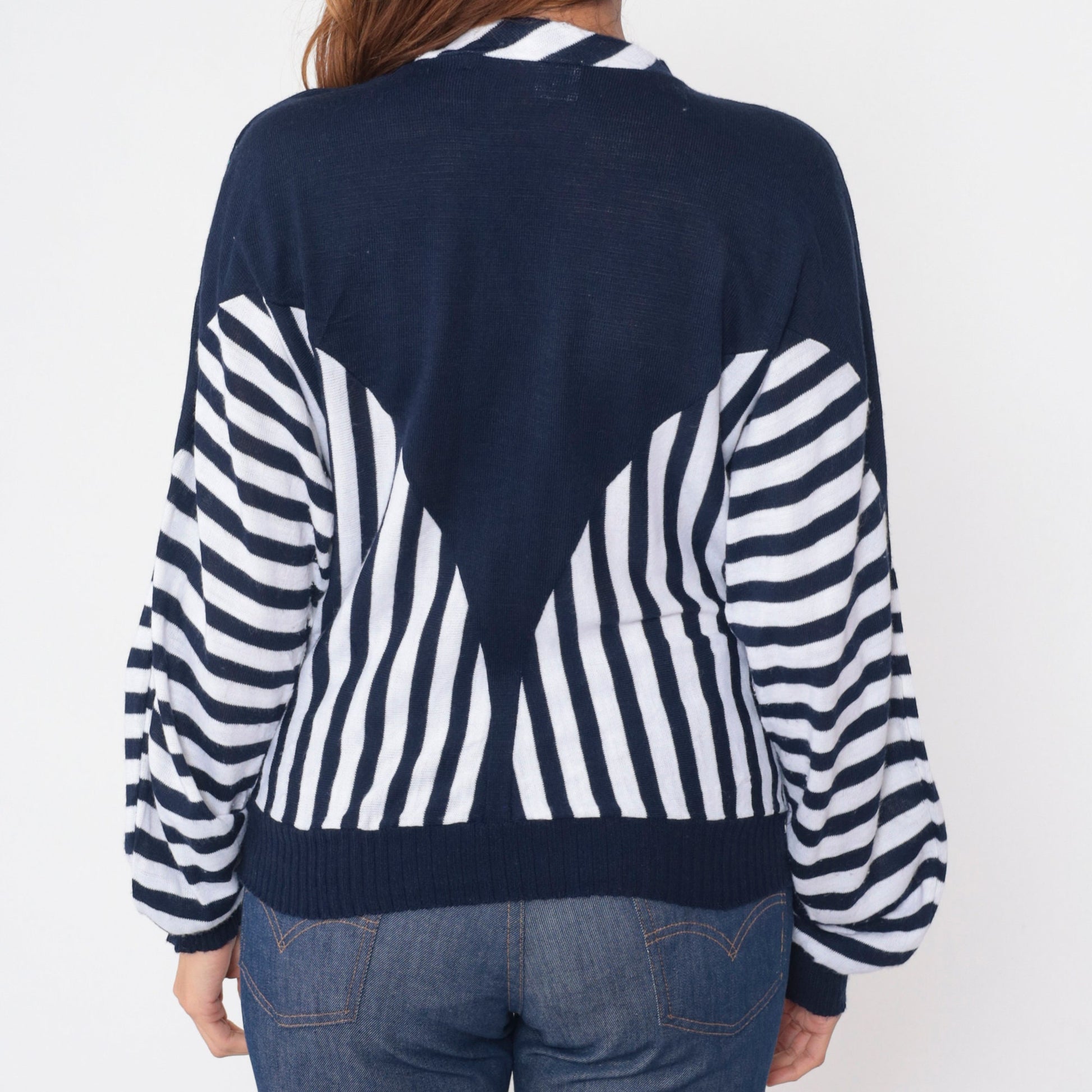 80s Clo Clo Striped Colorblock Knit Sweater Blue White Dolman Sleeve Small Medium