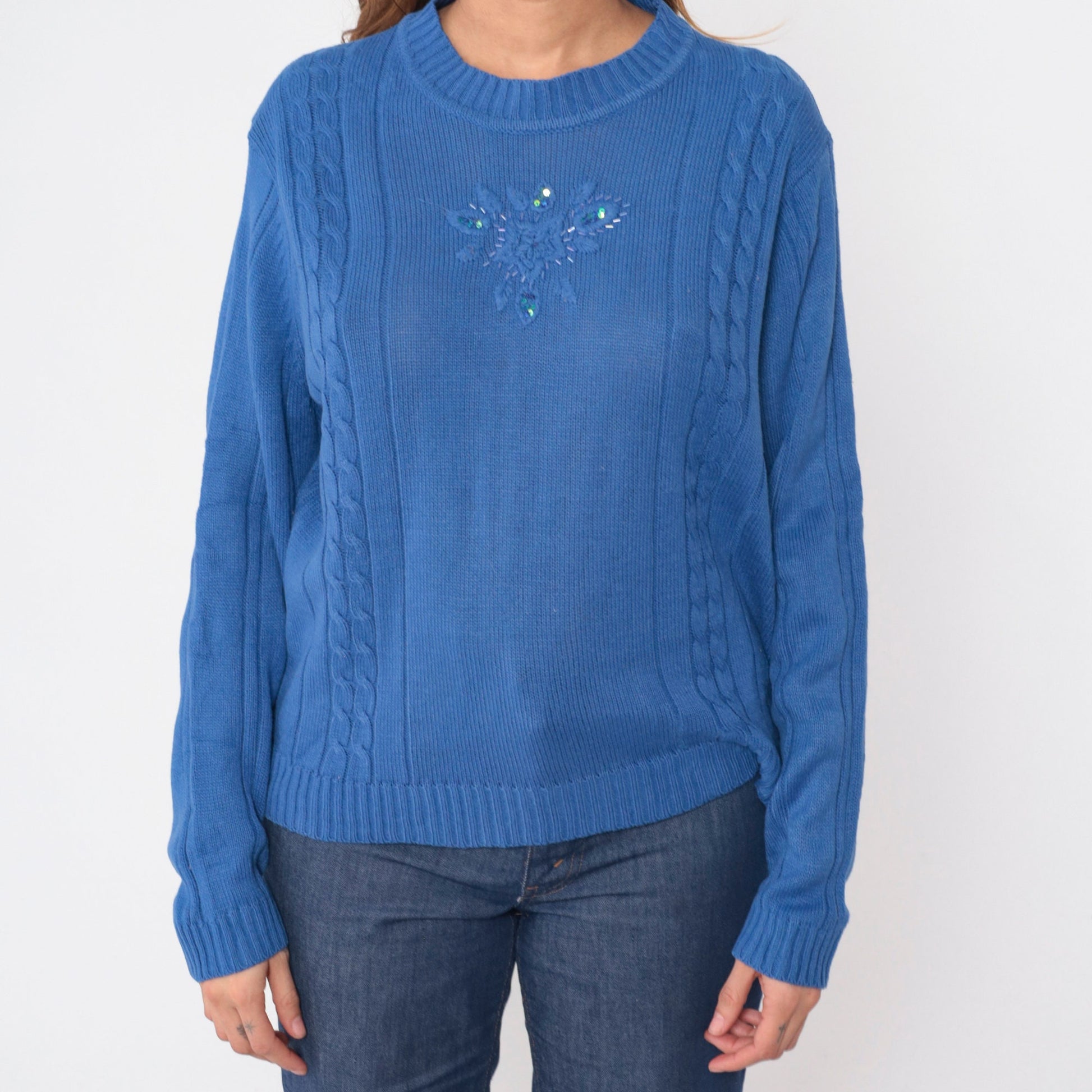 80s Blue Cable Knit Sweater Beaded Floral Design Pullover Large L
