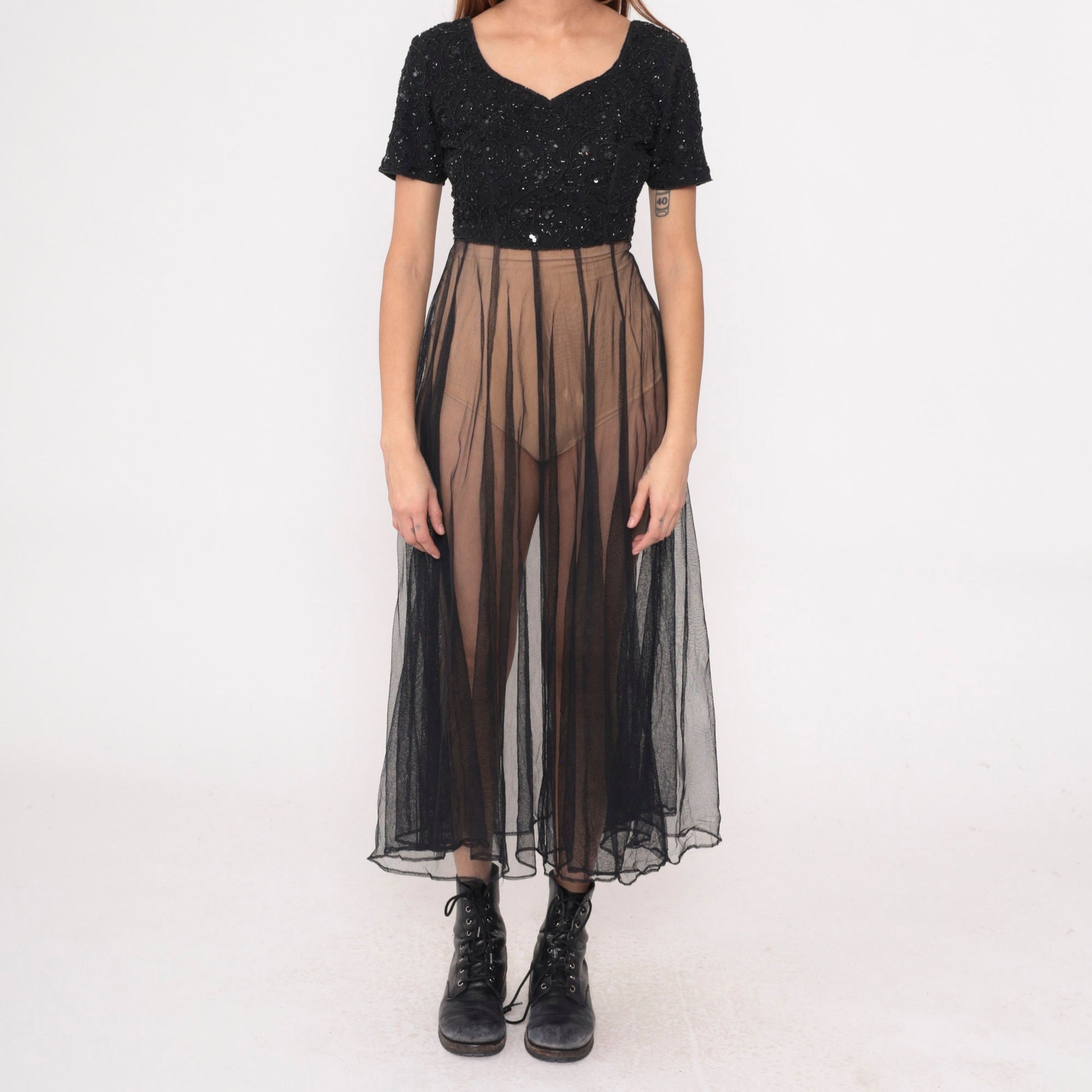 80s Black Beaded Chiffon Midi Dress Sequined Party Gown Short Sleeve Small