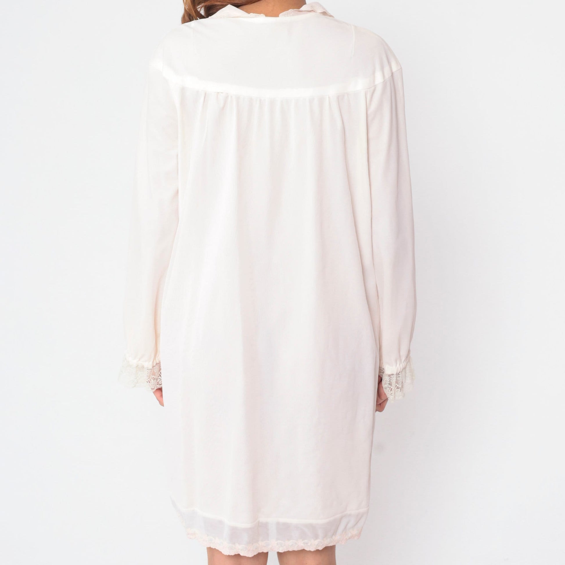 70s Floral Embroidered Nylon Lounge Dress Cream Button-Up Nightie Medium Large