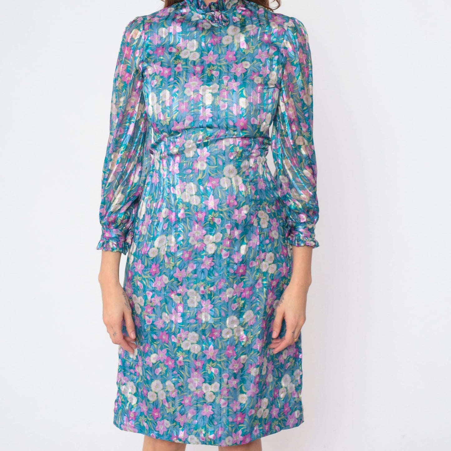 70s Blue Floral Silk Dress Long Sleeve Mock Neck Ruffle Knee Length Small S