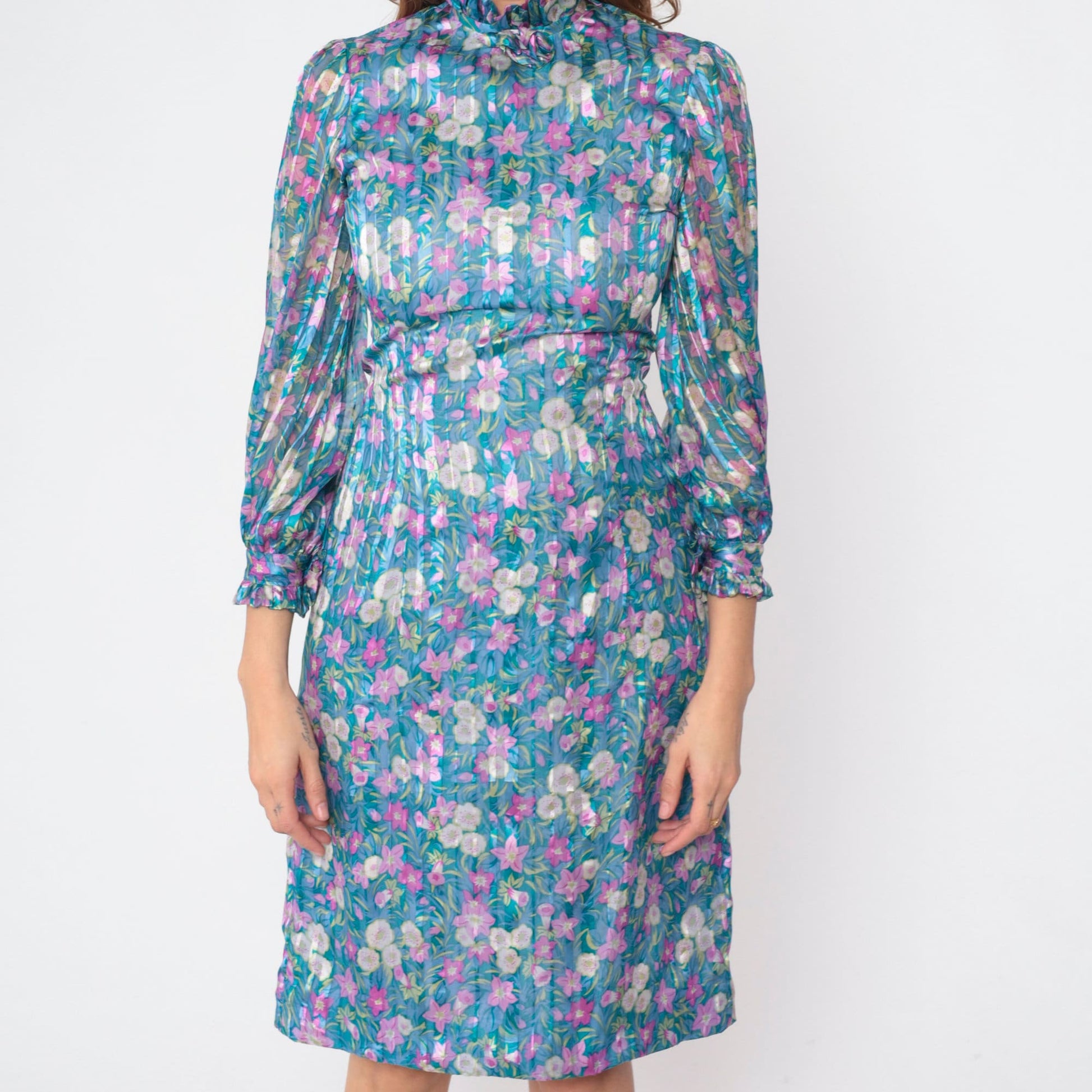70s Blue Floral Silk Dress Long Sleeve Mock Neck Ruffle Knee Length Small S