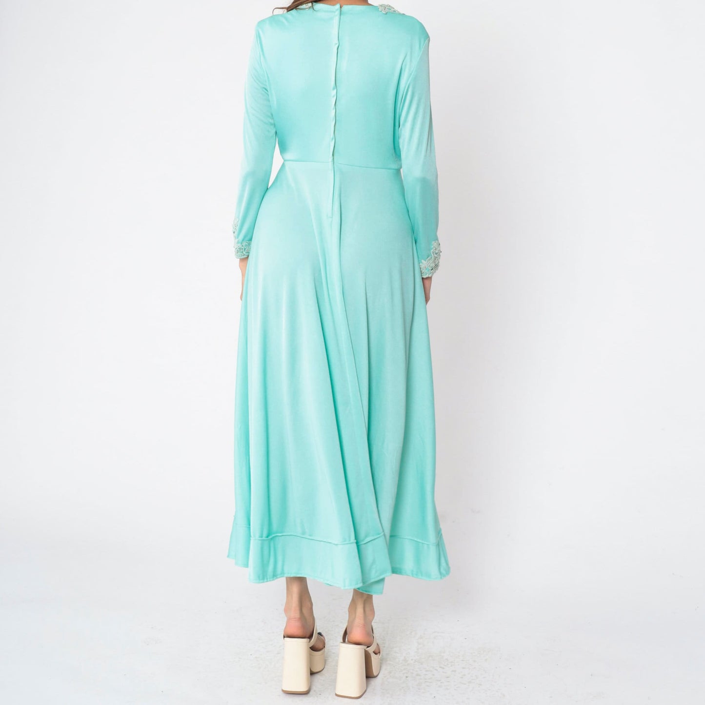 70s Seafoam Floral Beaded Maxi Dress Long Sleeve Empire Waist Medium