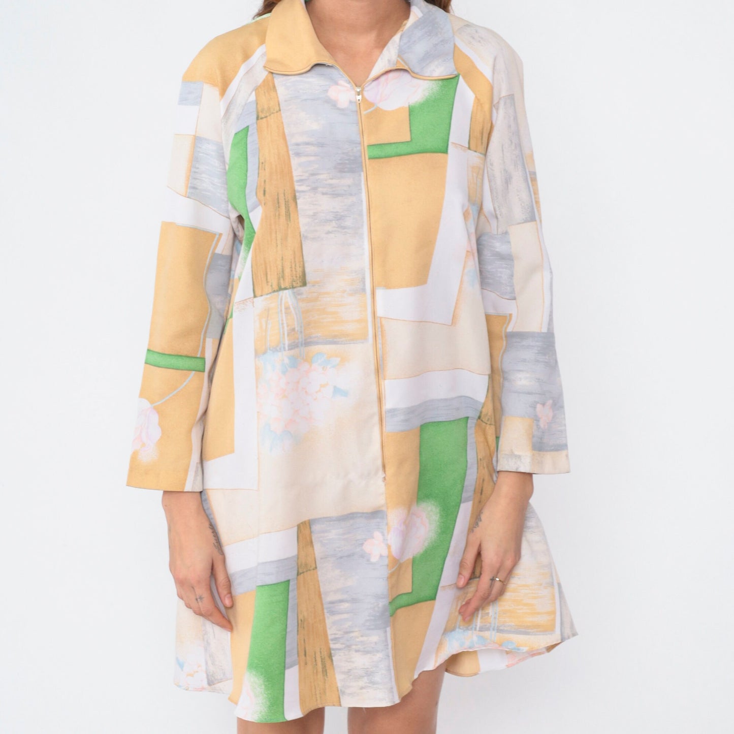 70s Abstract Floral Mini Dress Long Sleeve Zip Front Shift Medium M