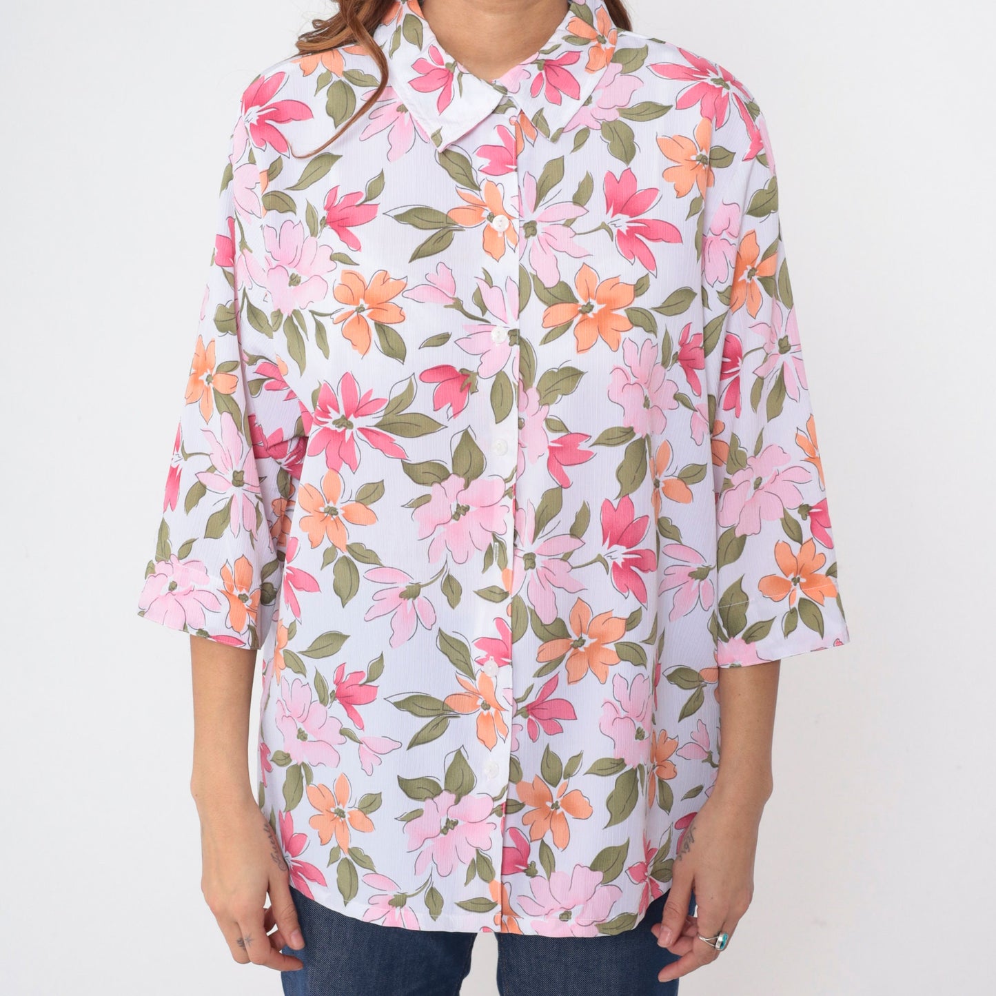 90s Bon Worth Floral Button-Up Blouse Pink Orange 3/4 Sleeve Large Petite