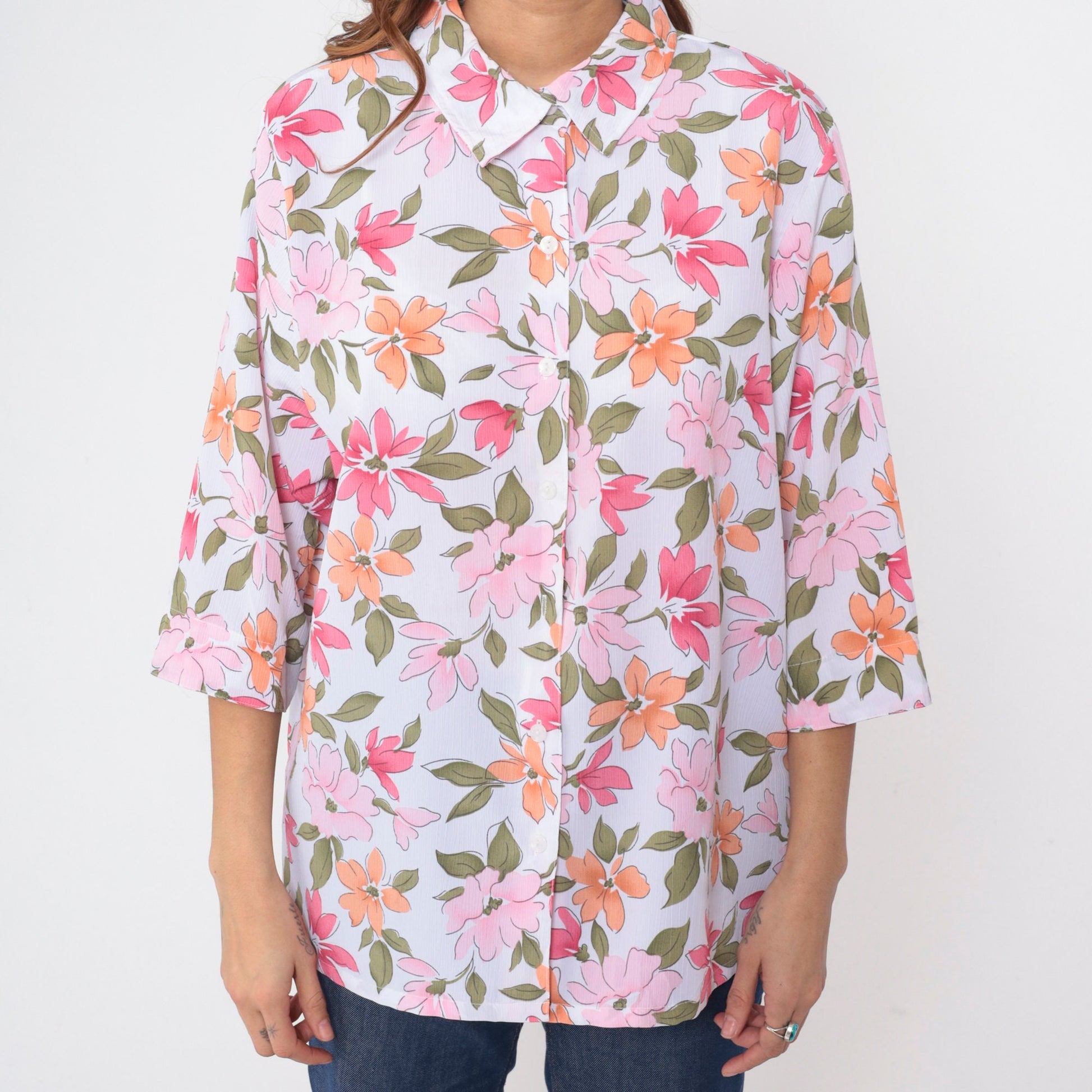 90s Bon Worth Floral Button-Up Blouse Pink Orange 3/4 Sleeve Large Petite