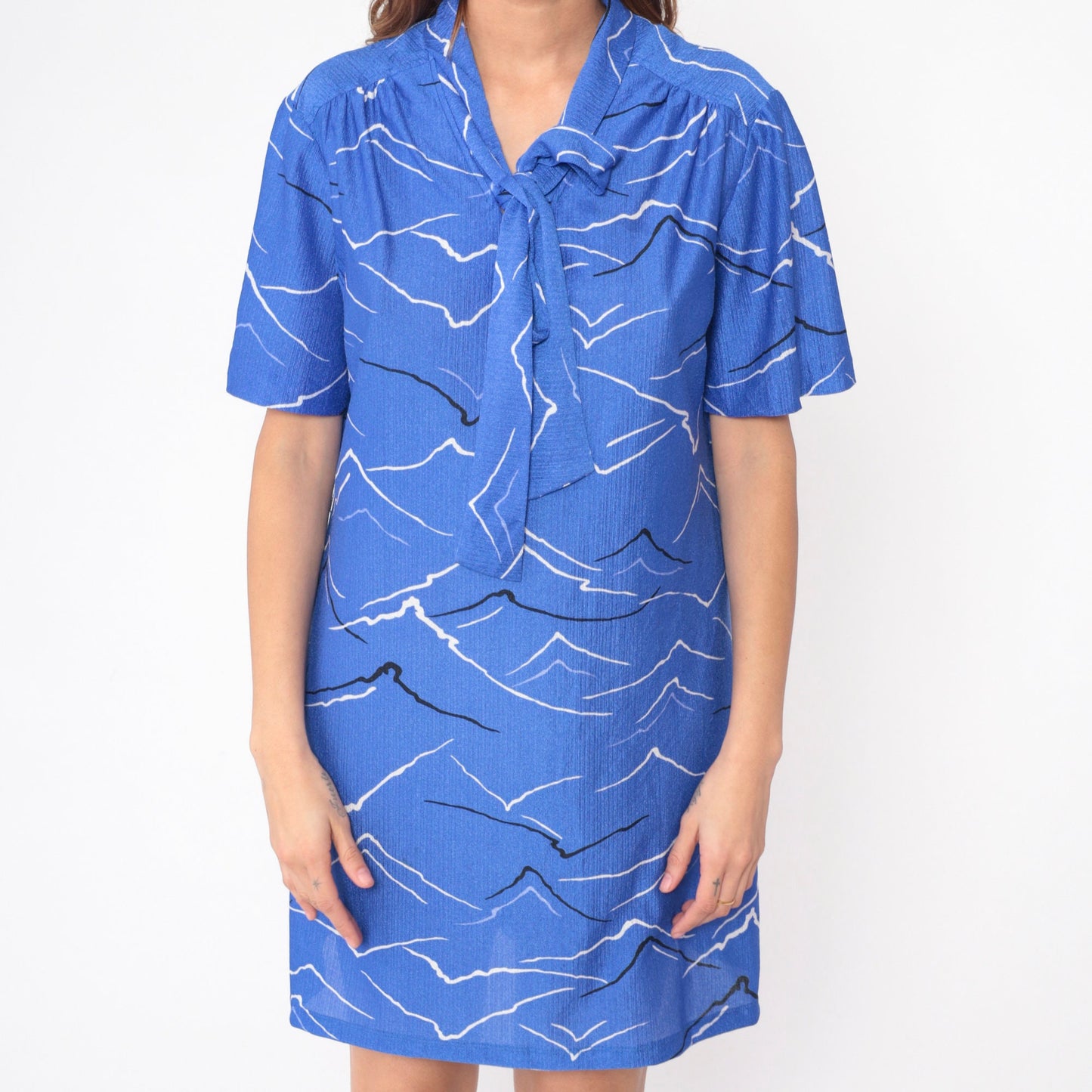 70s Mountain Print Mini Dress Blue Ascot Neck Tie Short Sleeve Large L