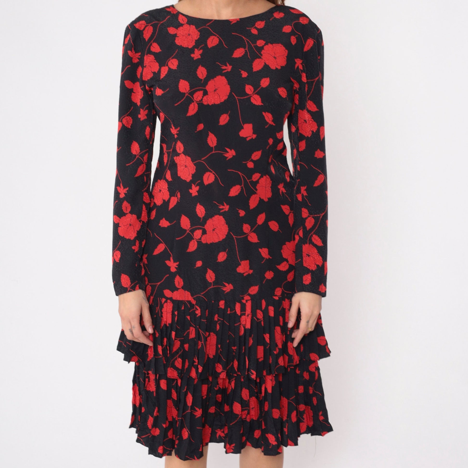 90s Liz Claiborne Black Floral Dress Red Flowers Low V Back Knee Length Medium