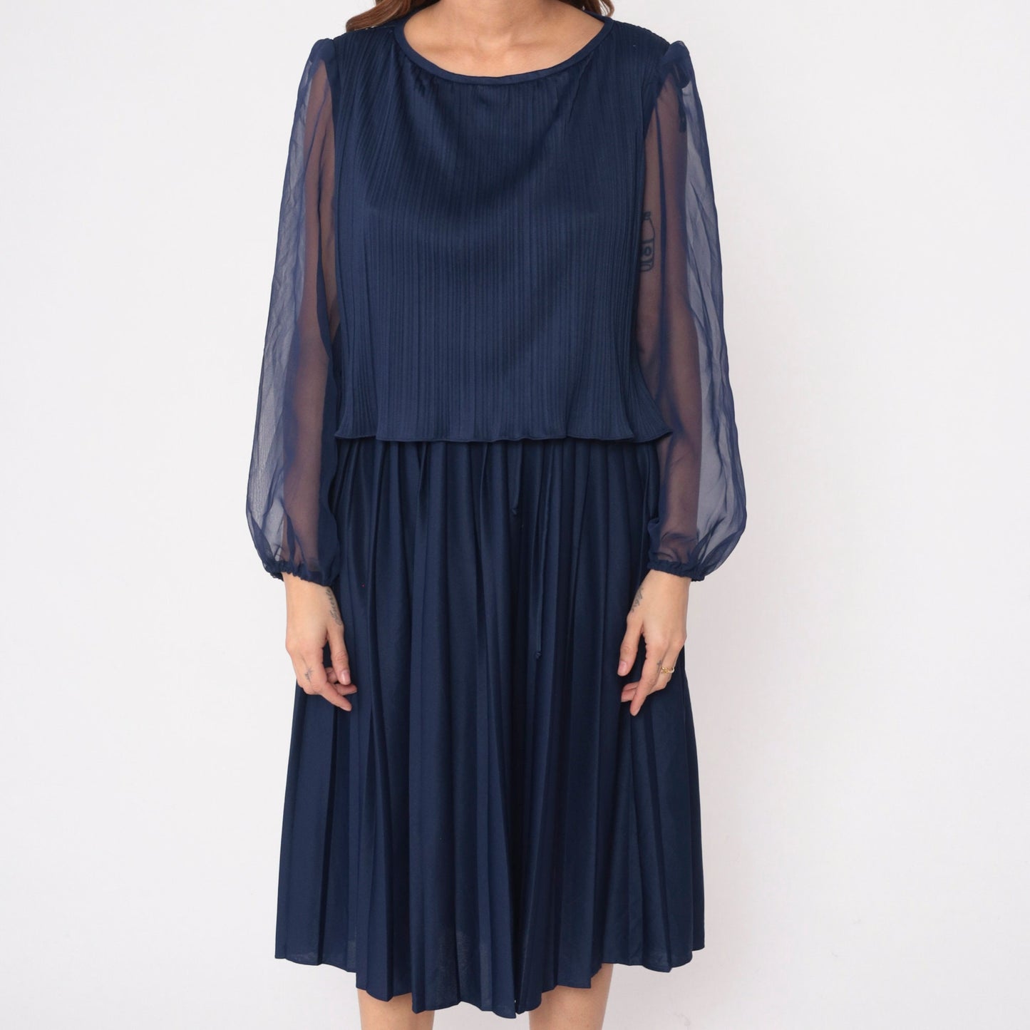 70s Navy Pleated Midi Dress Layered Bodice Sheer Chiffon Sleeves Large L