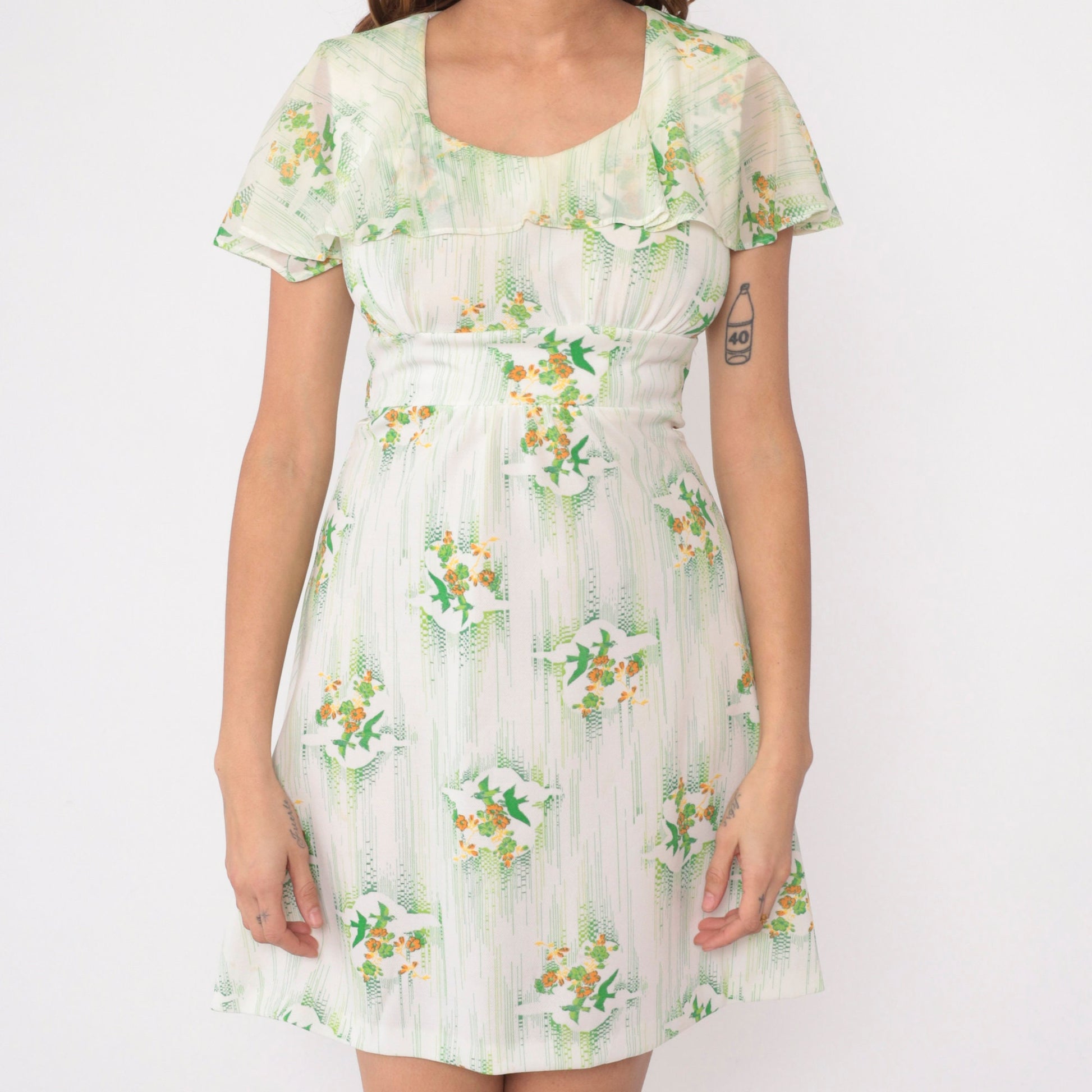 70s Babydoll Mini Dress Floral Bird Print Empire Waist Flutter Sleeve Small