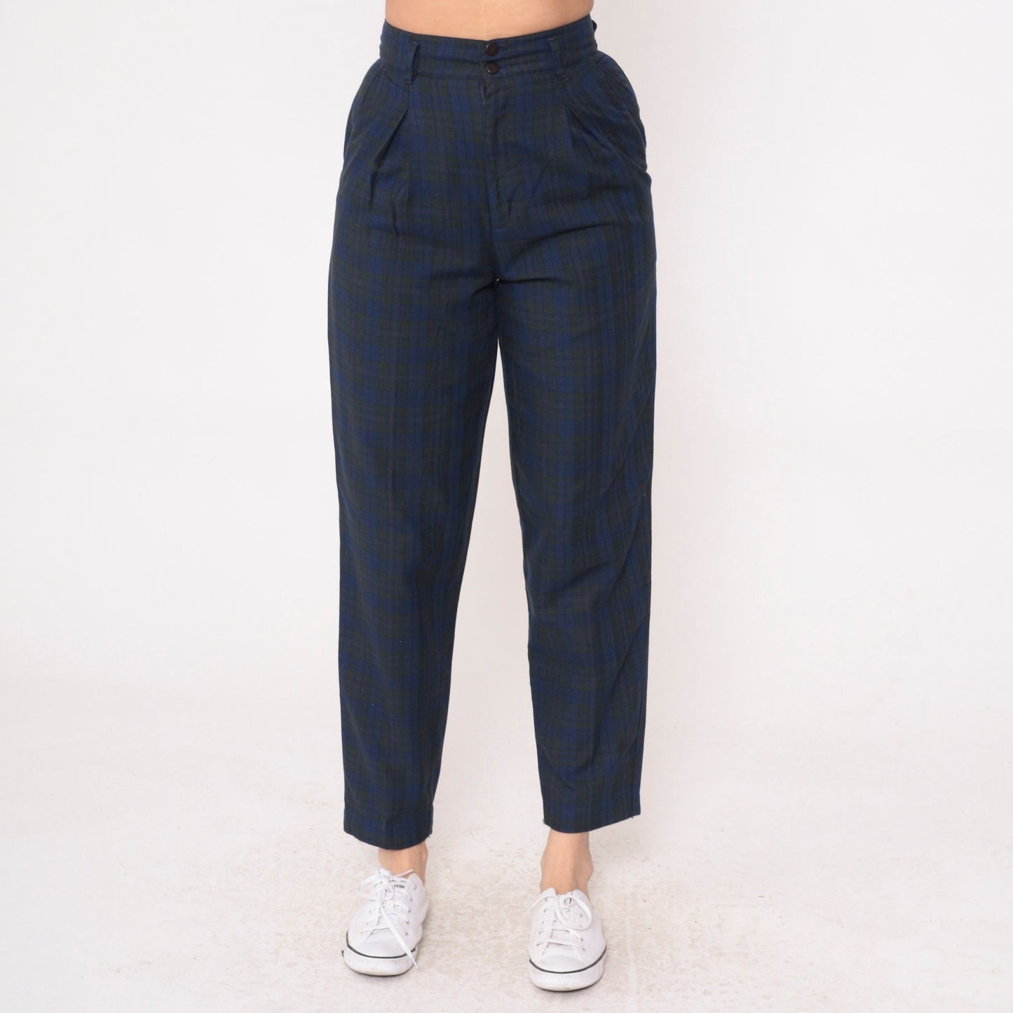 80s Palmettos Tapered Plaid Trousers Blue Charcoal High Waisted Pleated Extra Small