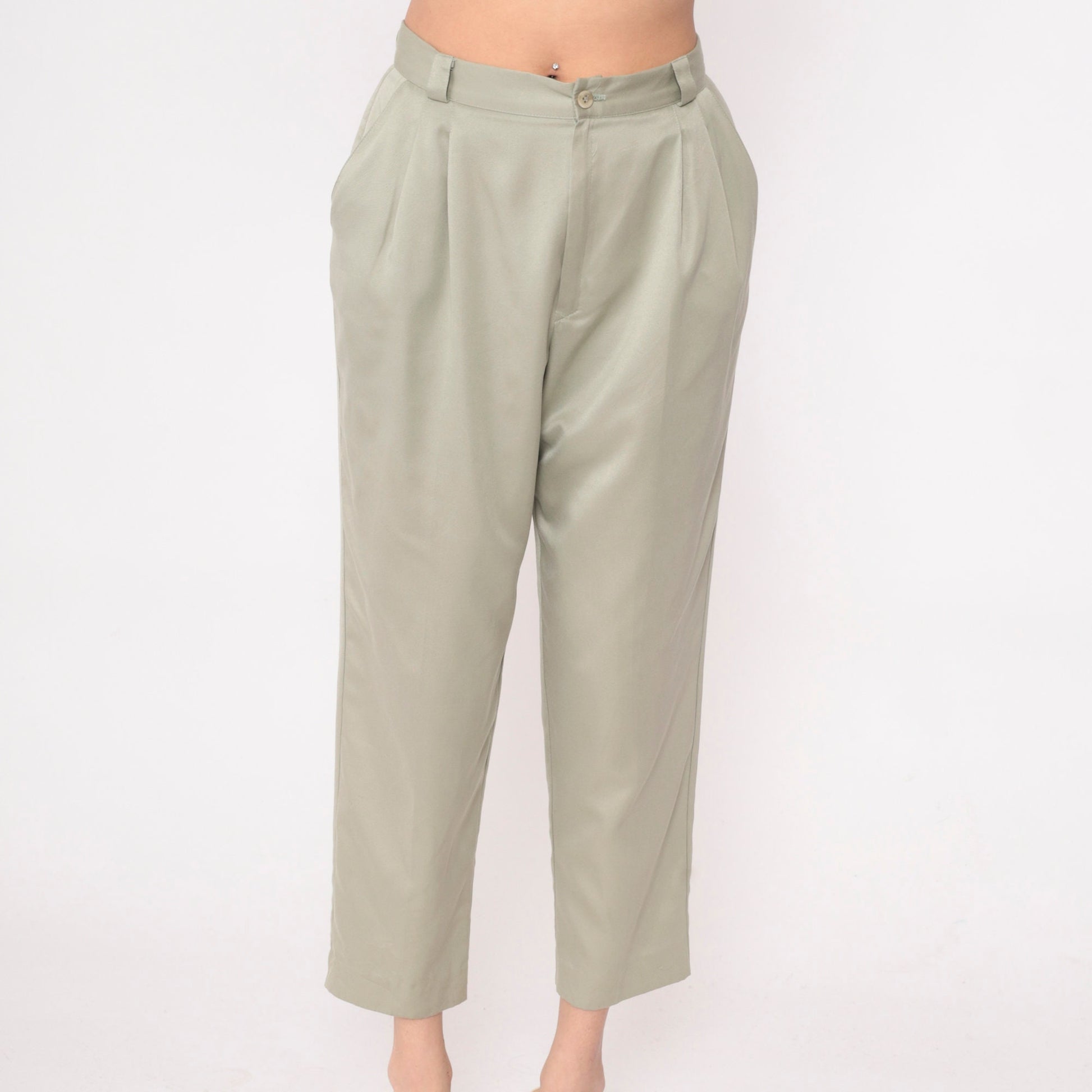 90s Khaki Pleated High-Waist Ankle Trousers Shimmer Petite Medium
