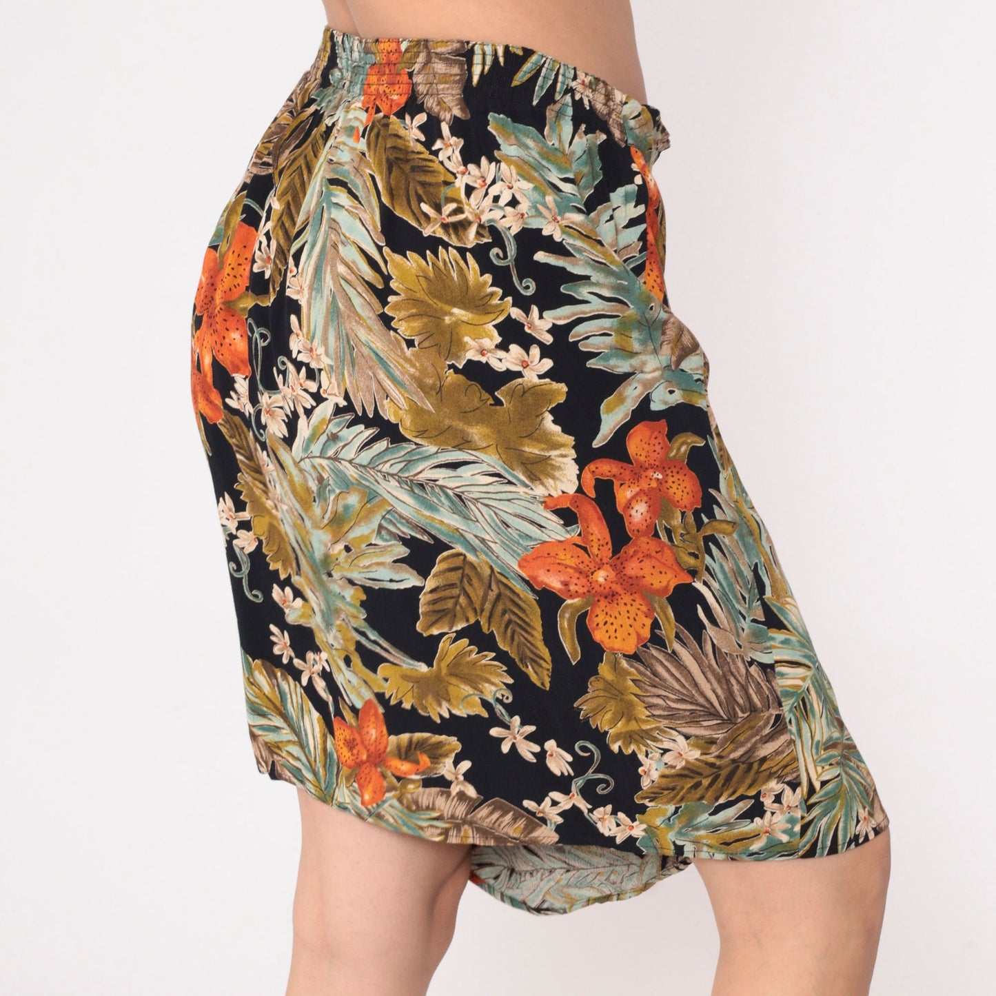 90s Carol Little Tropical Floral Mini Skirt Orange High Waist Faux Wrap Large